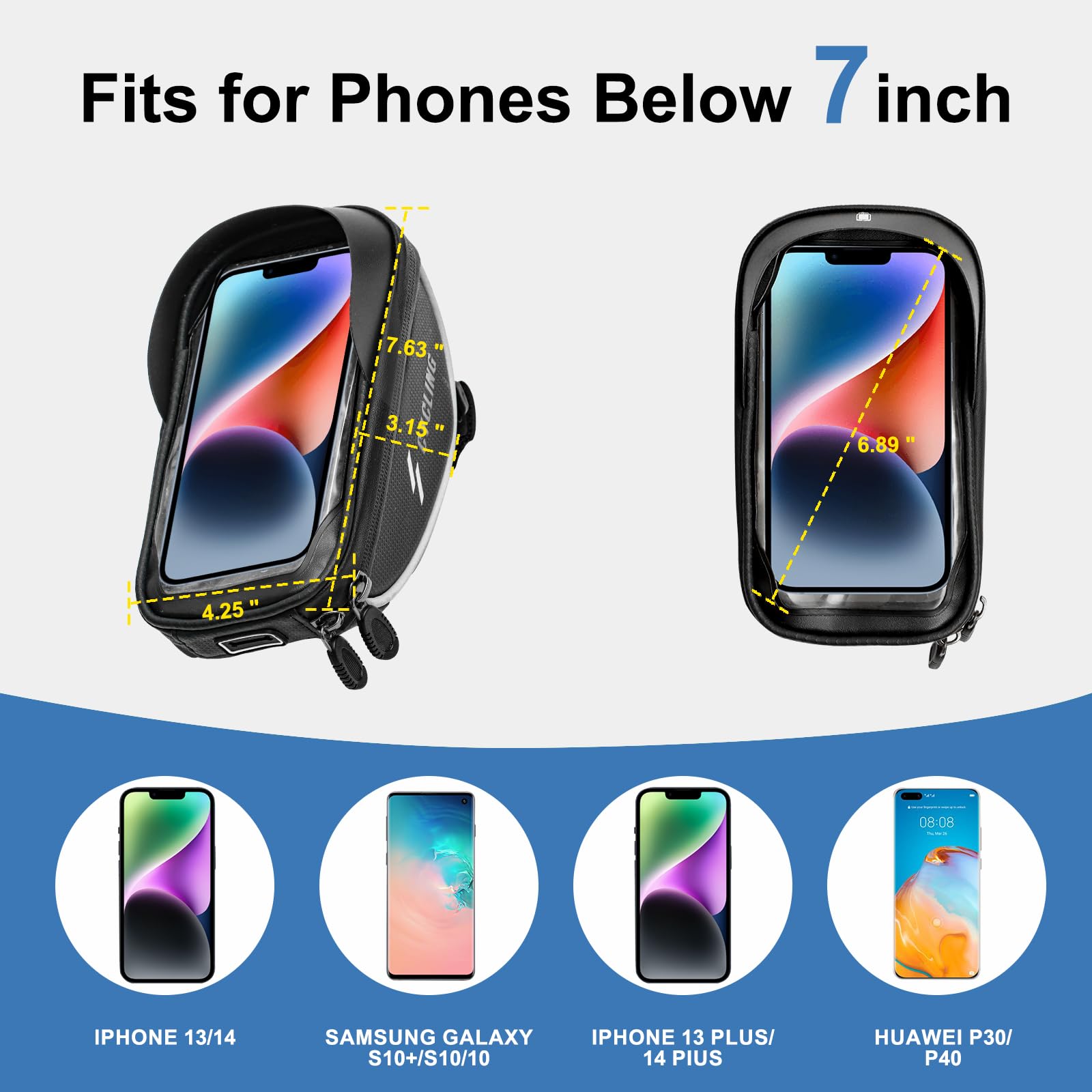 Waterproof Bike Phone Holder Bag - Bicycle Handlebar Mount Pouch for iPhone 16/15/14/13/12 & Samsung Phones Under 6.5