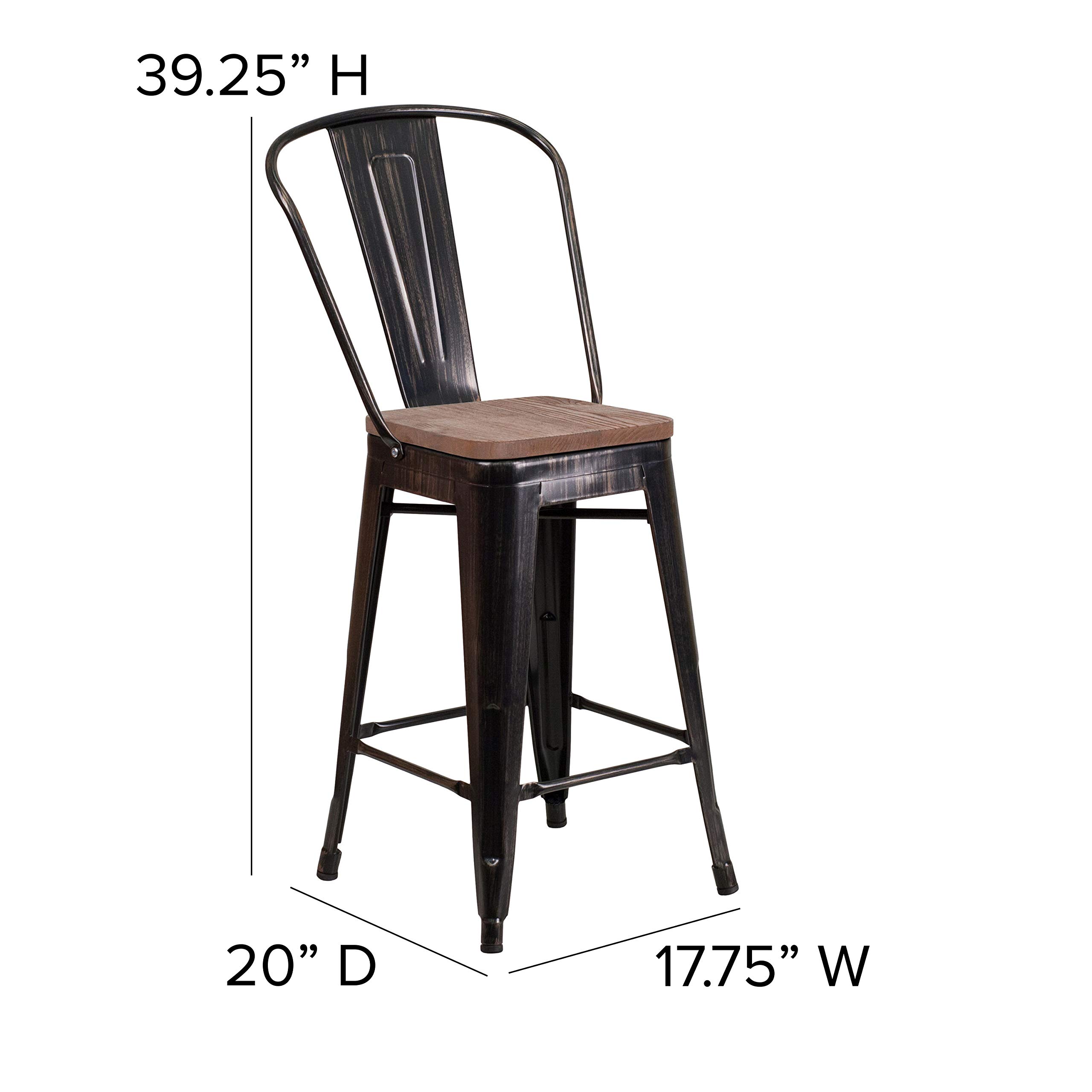 EMMA + OLIVER 24 Inch Black and Antique Gold Metal Wood Counter Stool with Back - Bar Stool for Kitchen Island, Breakfast Nook & Home Decor