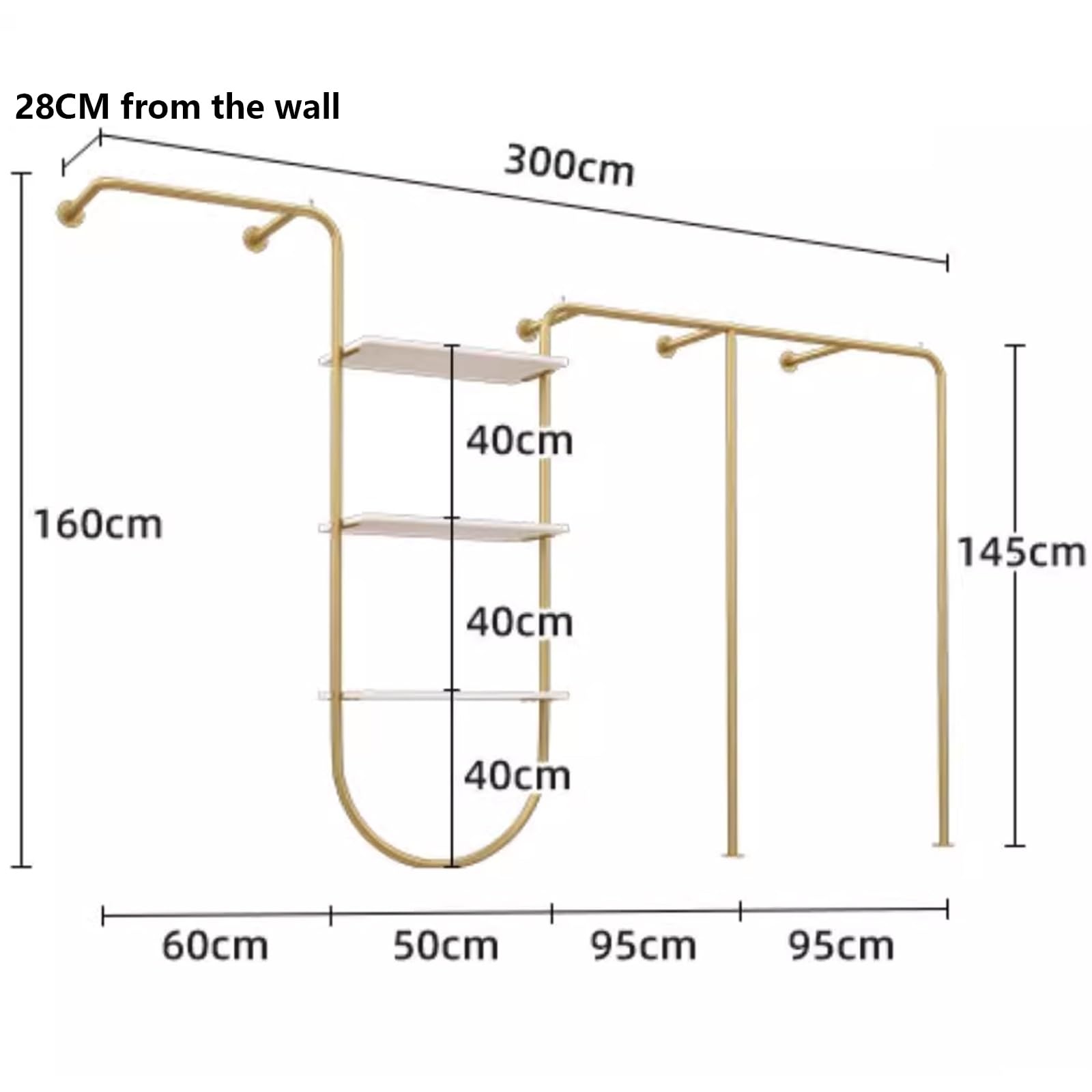 Heavy Duty Wall Mounted Clothes Rack with Shelves - 300x28x160cm Garment Display Stand for Retail Stores, Clothing Storage & Shoe Organization - Perfect for Boutiques, Walk-in Closets & Commercial Spaces