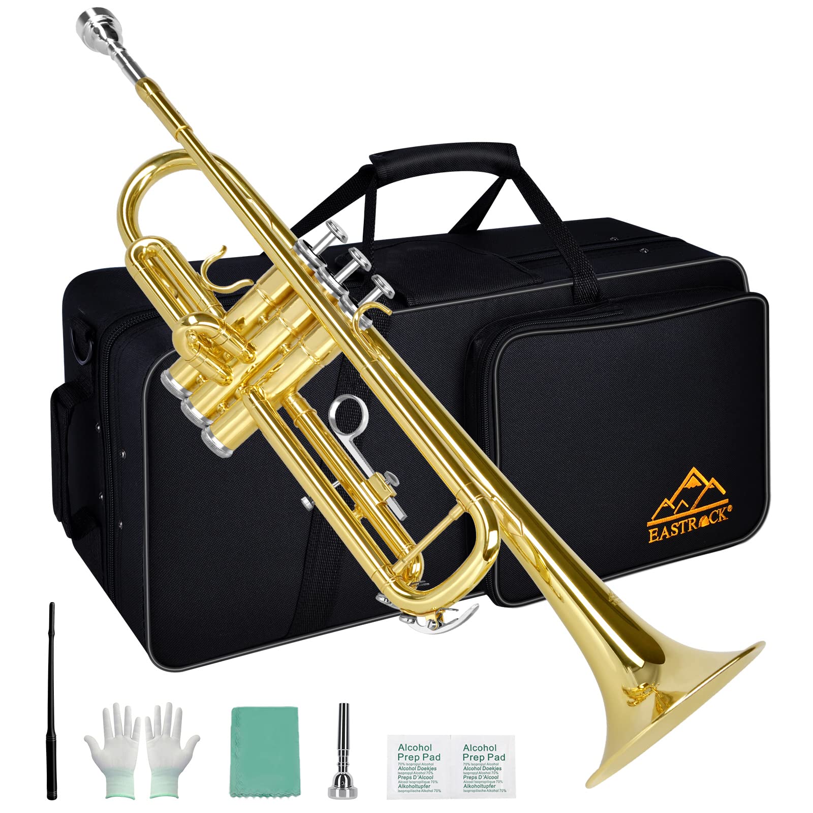 EASTROCK Bb Trumpet Gold - Professional Standard Brass Trumpet Set with 7C Mouthpiece, Carrying Case, Gloves & Cleaning Kit - Perfect for Beginners, Students & Band Performances