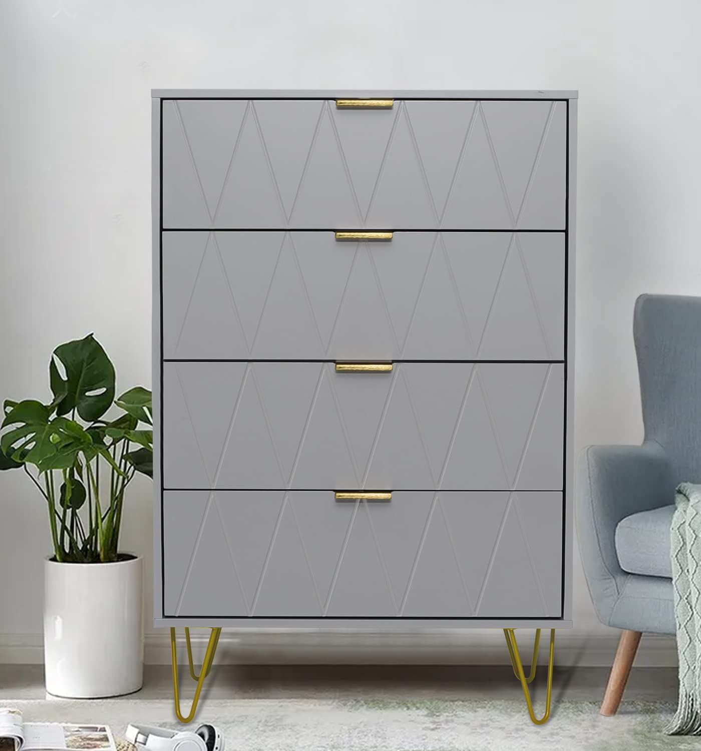Anbuy Gray 4 Drawer Dresser - Tall Bedroom Dresser Cabinet with Metal Legs, Storage Organizer for Clothes & Accessories - Perfect for Bedroom, Living Room, Dorm & Apartment Organization