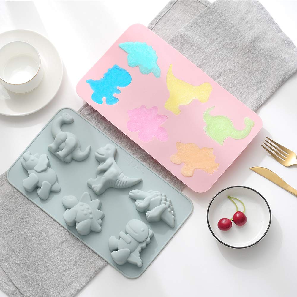 2Pcs Cute Dinosaur Silicone Cake Molds - 6 Grids Different Shapes for Chocolate, Gummy, Fondant & DIY Soap - Baking Decorating Tools for Kids Birthday Parties, Cupcake Decor & Holiday Treats