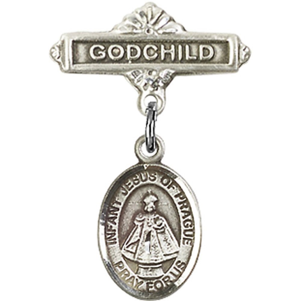 1 X 5/8 Inch Sterling Silver Baby Badge with Infant of Prague Charm - Perfect for Christening, Baptism & Godchild Gifts