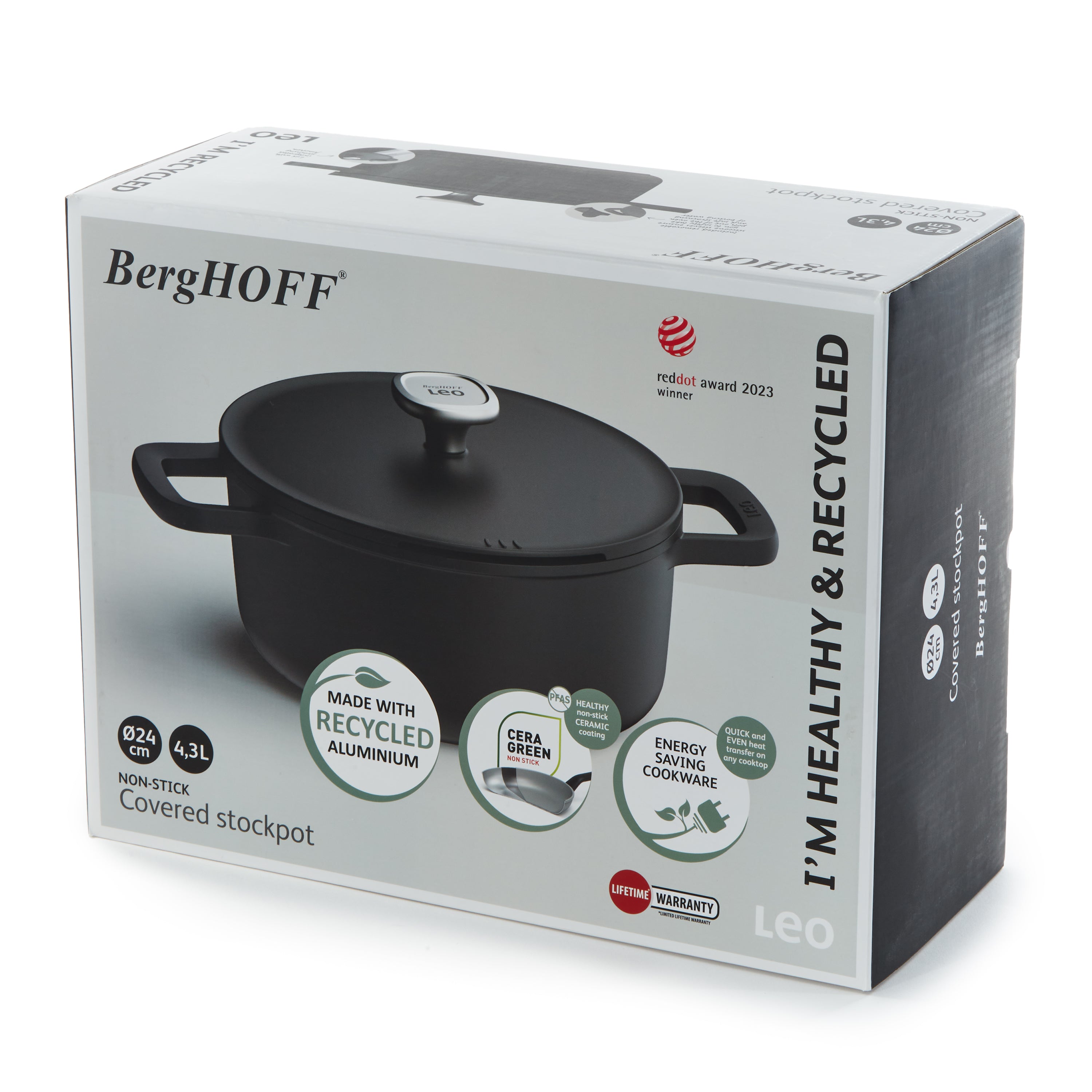 BergHOFF Leo Phantom Nonstick Ceramic 10-Inch Stockpot 4.5 Quart with Lid - Eco-Friendly Recycled Material - Perfect for Soups, Stews & Pasta Cooking