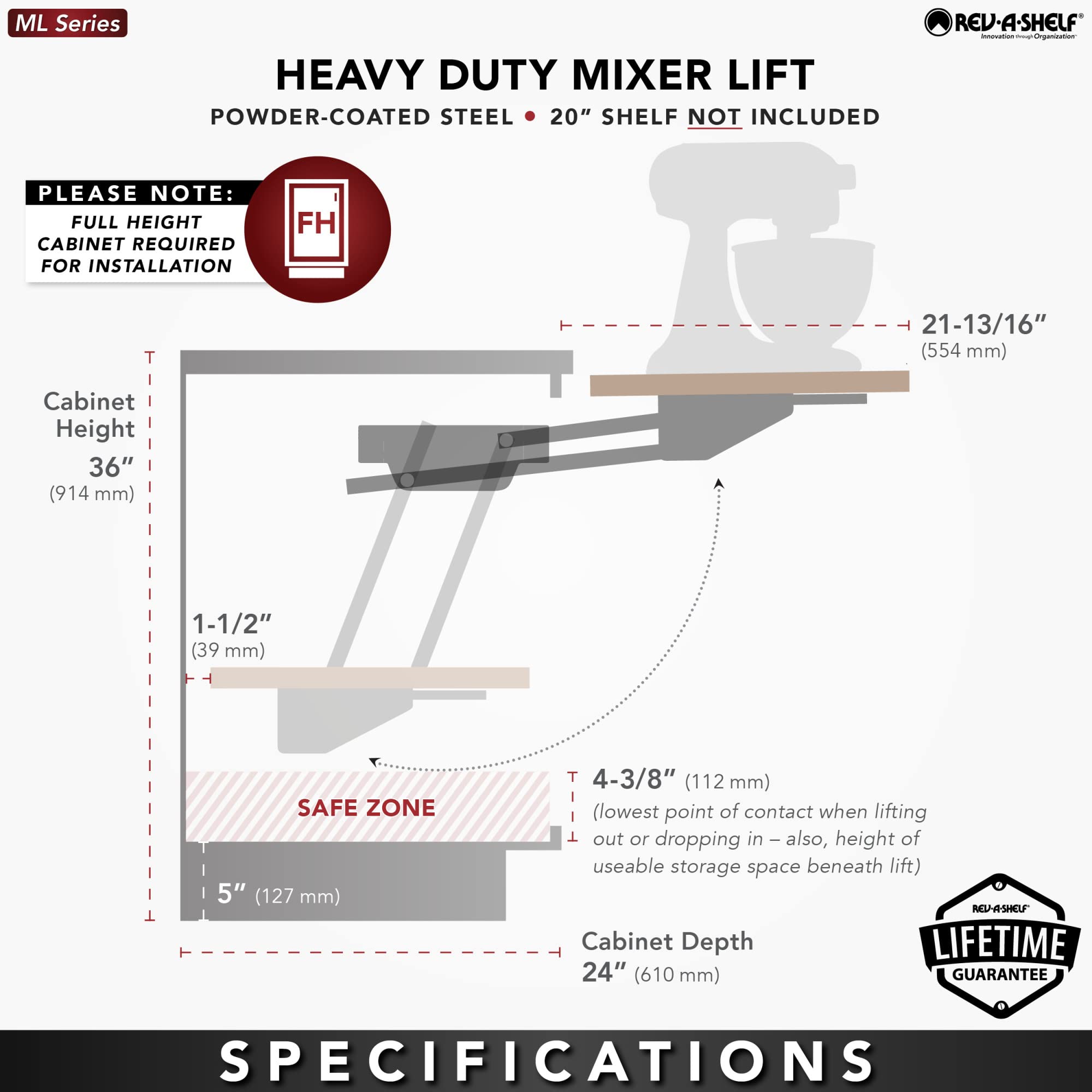Rev-A-Shelf Heavy Duty Spring Loaded Mixer Lift for Kitchen Cabinets - Zinc RAS-ML-HDCR Appliance Organizer | Perfect for Blenders, Stand Mixers & Small Kitchen Appliances in Tight Spaces