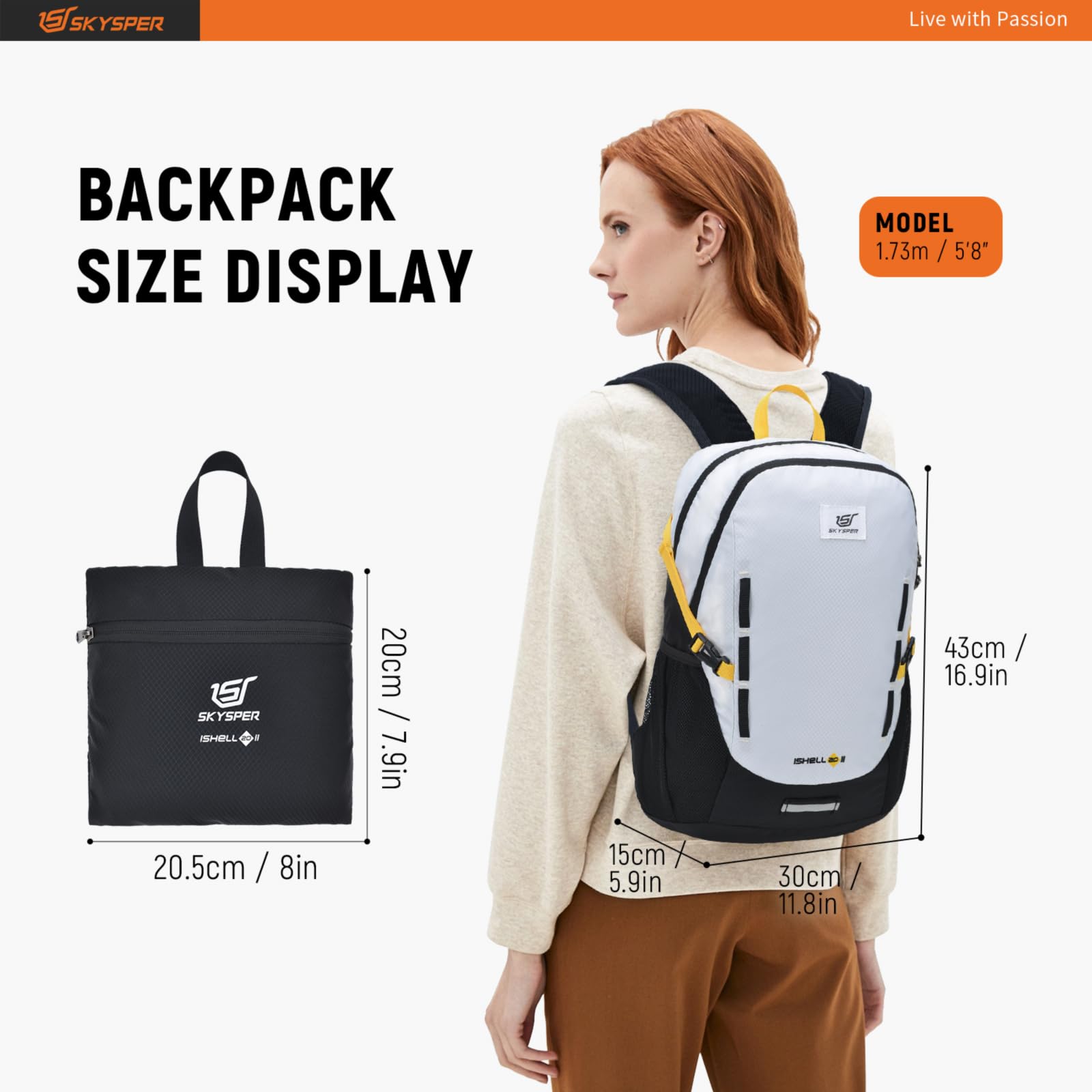 SKYSPER 20L Lightweight Hiking Backpack - Water Resistant Packable Travel Backpack for Women & Men, Perfect for Day Hikes, Camping & Outdoor Adventures (Black/White)
