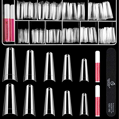 **500Pcs Long Coffin Acrylic Nail Tips Set with 4Pcs Nail Glue – Clear Ballerina Fake Nails for Dip Powder, Poly Gel & Nail Extensions – Perfect for Salon, DIY Manicure & Special Occasions**