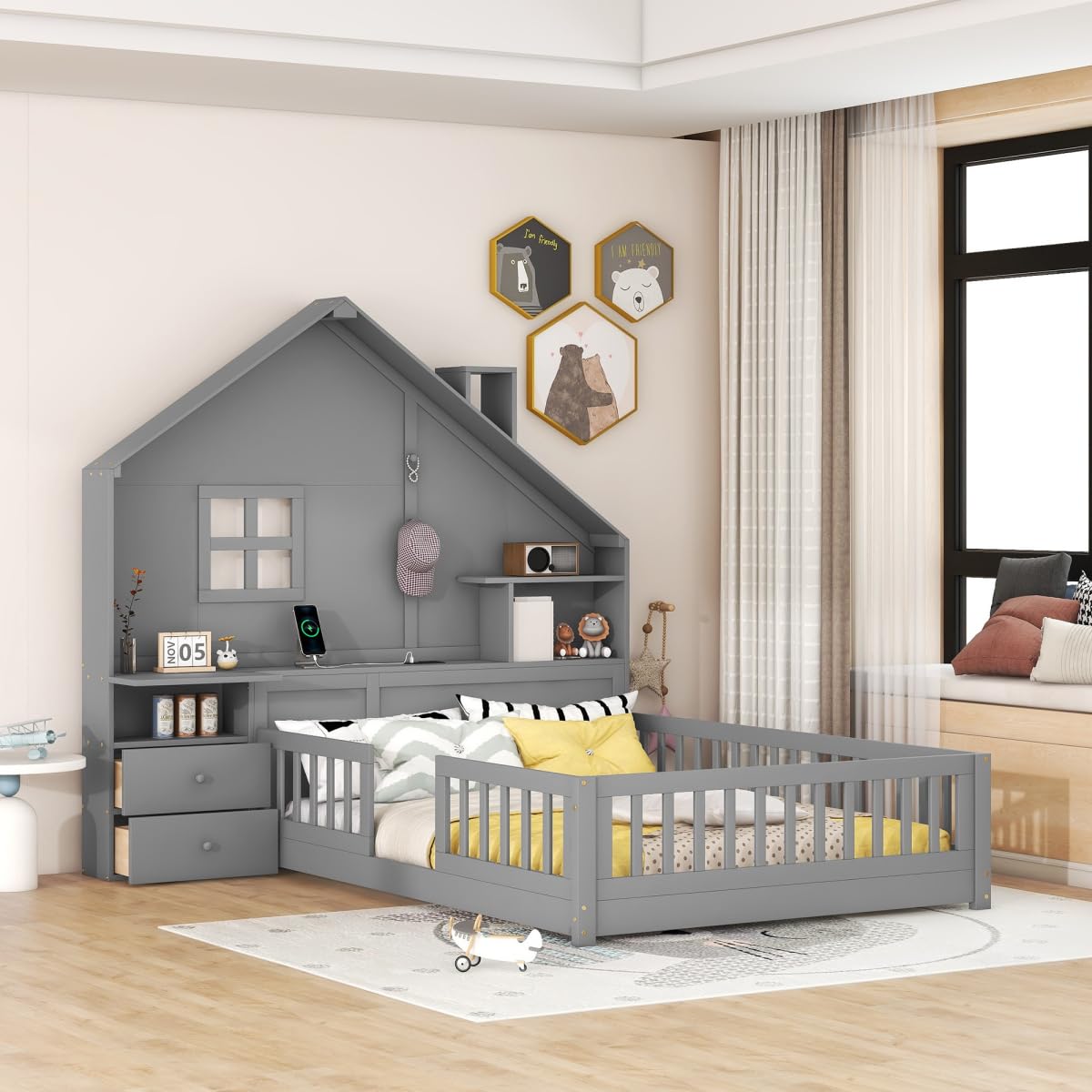 Pine Wood Full Size House Platform Bed with Storage Headboard, L-Shaped Bookcase, Drawers & Large Shelves - Kids Bedroom Furniture with USB Charging Station for Boys & Girls (Gray) - Perfect for Small Spaces, Dorm Rooms & Shared Kids' Bedrooms