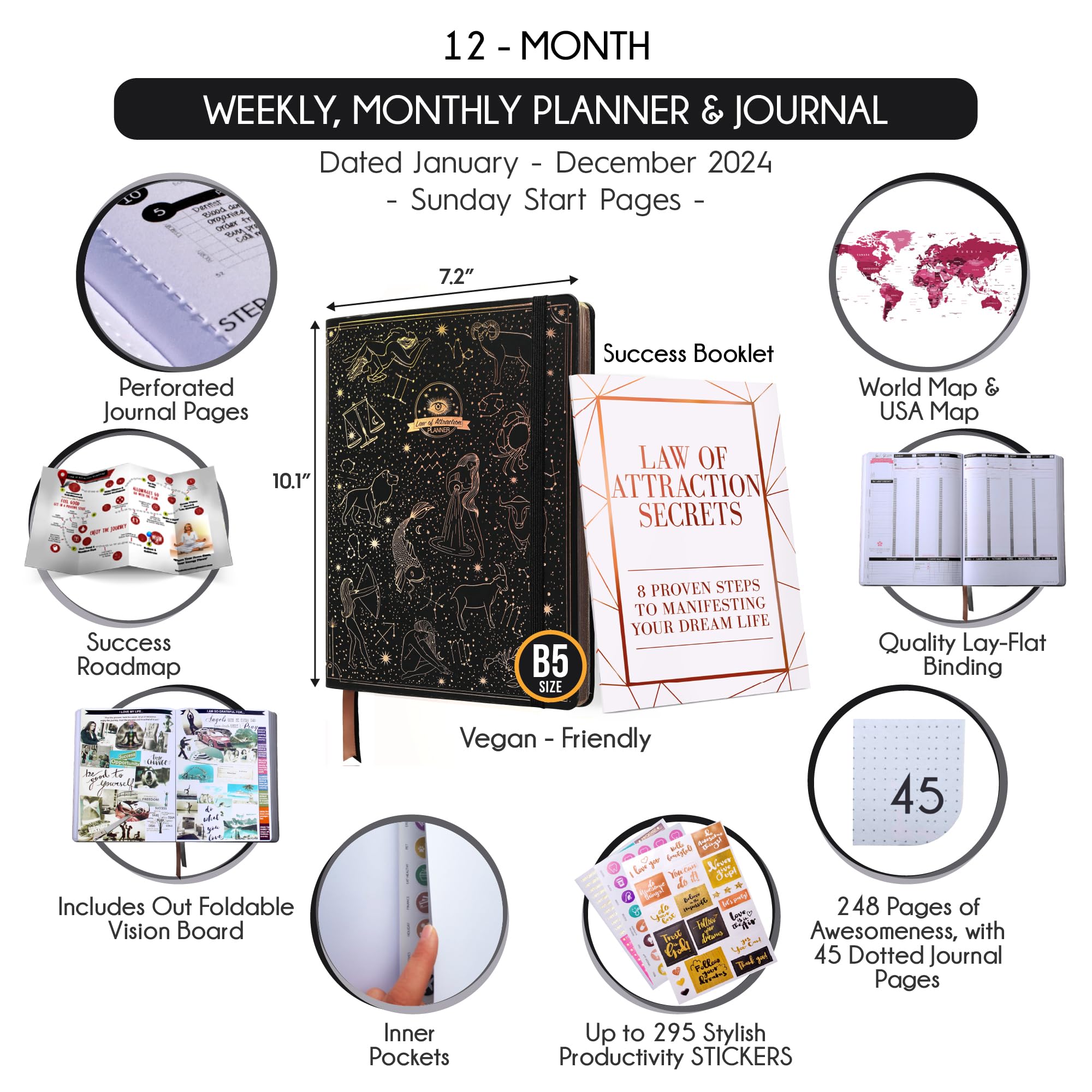 2025 Law of Attraction Planner - Productivity & Goal Setting Journal with Hourly, Weekly, Monthly Layouts | 12-Month Vision Board Planner with Gratitude Pages, Stickers & Gift Box - Perfect for Manifestation, Self-Improvement & Daily Organization