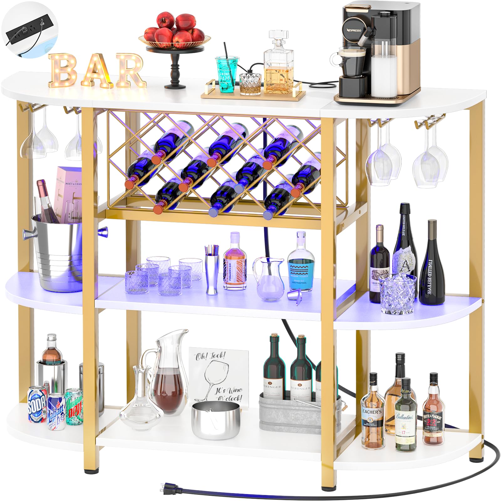 Premium 4-Tier Metal Coffee Bar Cabinet with Power Outlet & LED Lights - Freestanding Kitchen Bar Table with Glass Holder & Wine Storage - Elegant White & Gold Baker's Rack for Dining Room, Living Room & Home Bar Decor