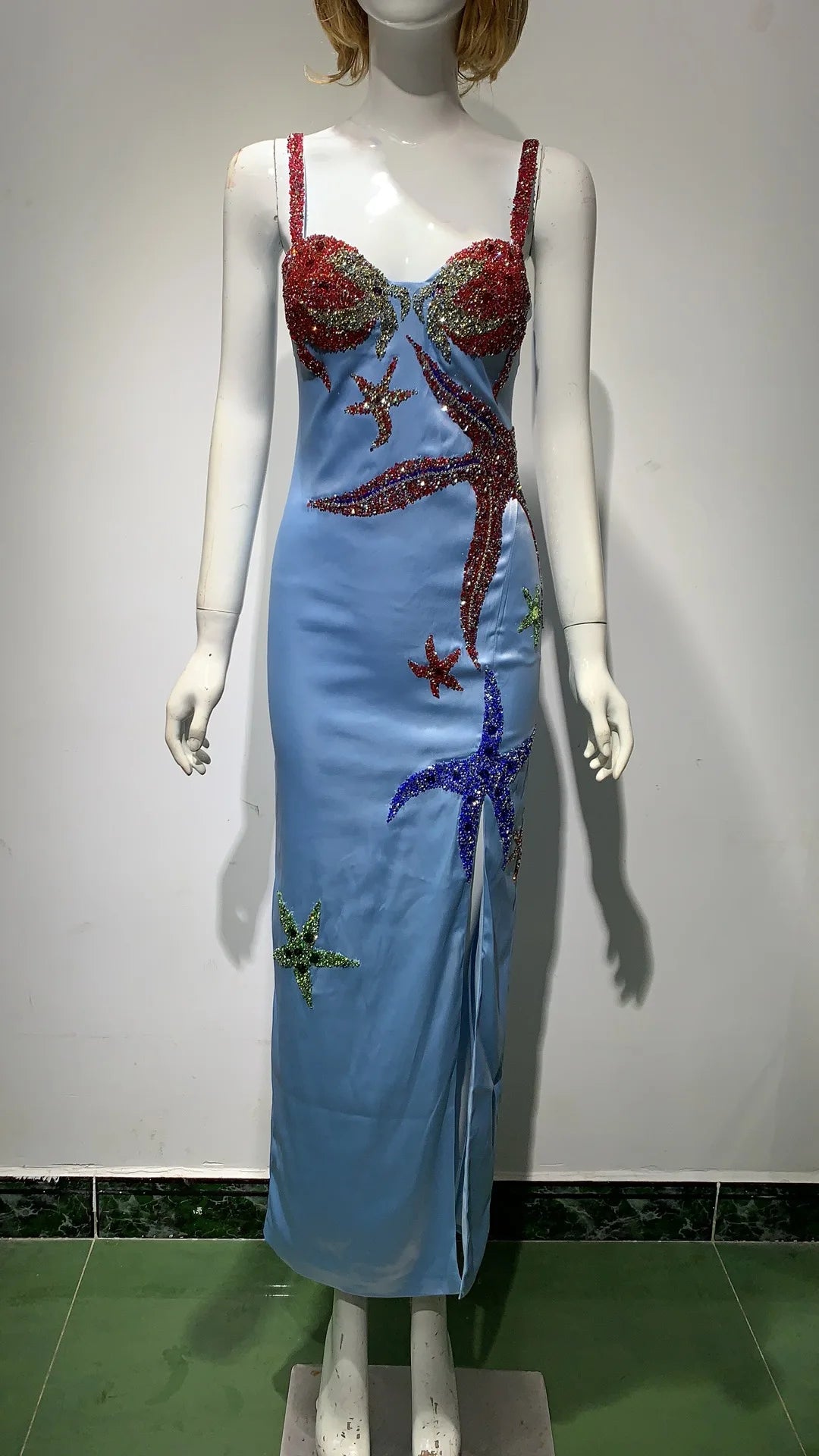 Blue Beaded Sequins Star Slim Sexy Spaghetti Strap Ruffle Dress for Night Club Party, Celebrity Events & Special Occasions - Elegant Designer Vestidos for Women
