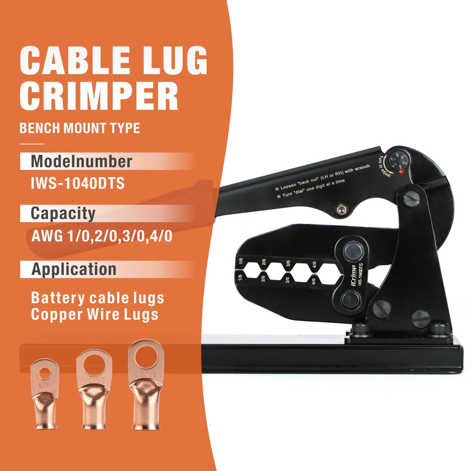 IWS 1040DTS Professional Battery Cable Crimper Tool for AWG 1/0 to 4/0 Gauge Copper Wire Lugs - Heavy Duty Crimping for Automotive, Marine, and Solar Power Applications