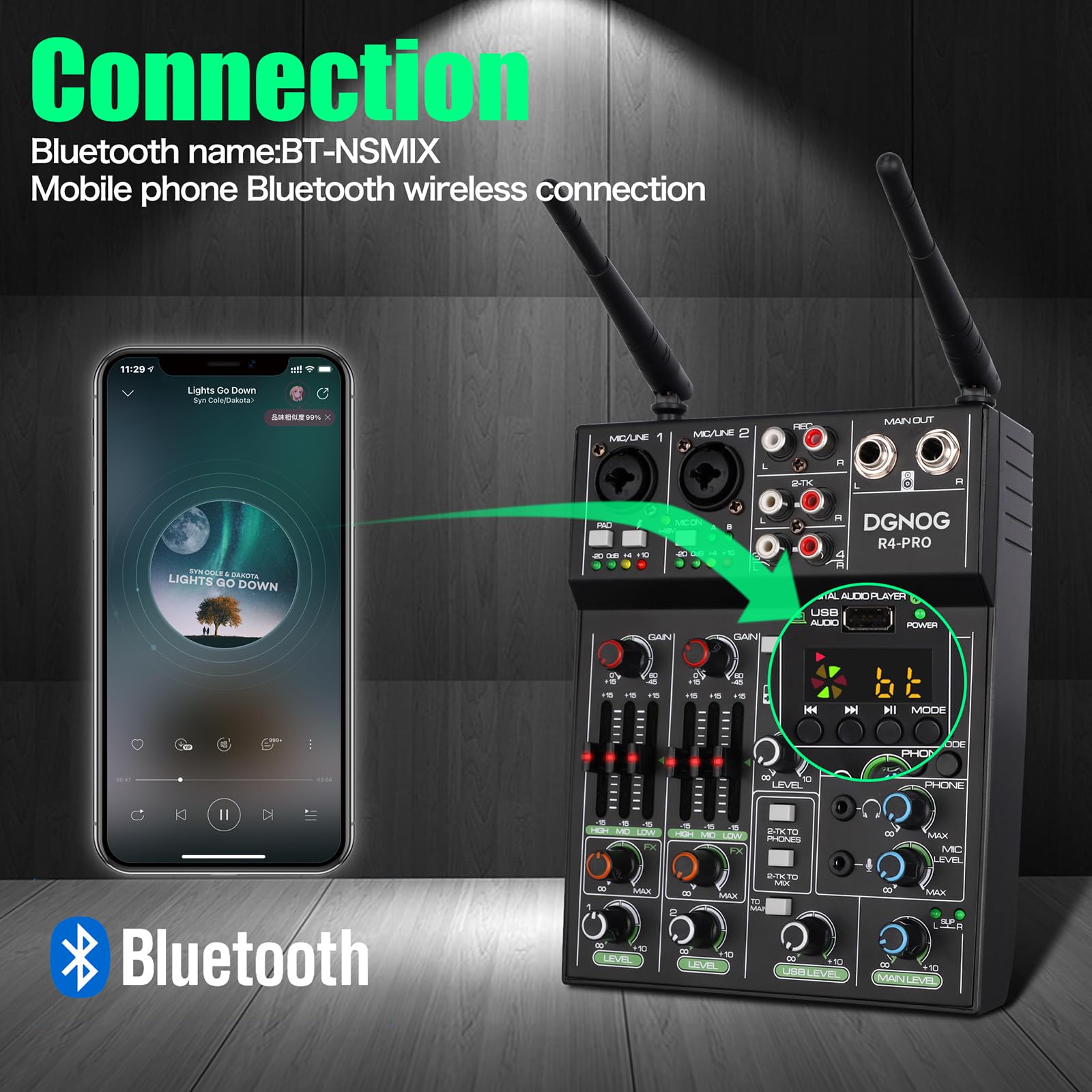 4 Channel Professional Audio Mixer with Dual Wireless Mic, Bluetooth, USB & 48V Phantom Power - Perfect for DJ Mixing, Karaoke Parties, Home Studio Recording & Live Performances
