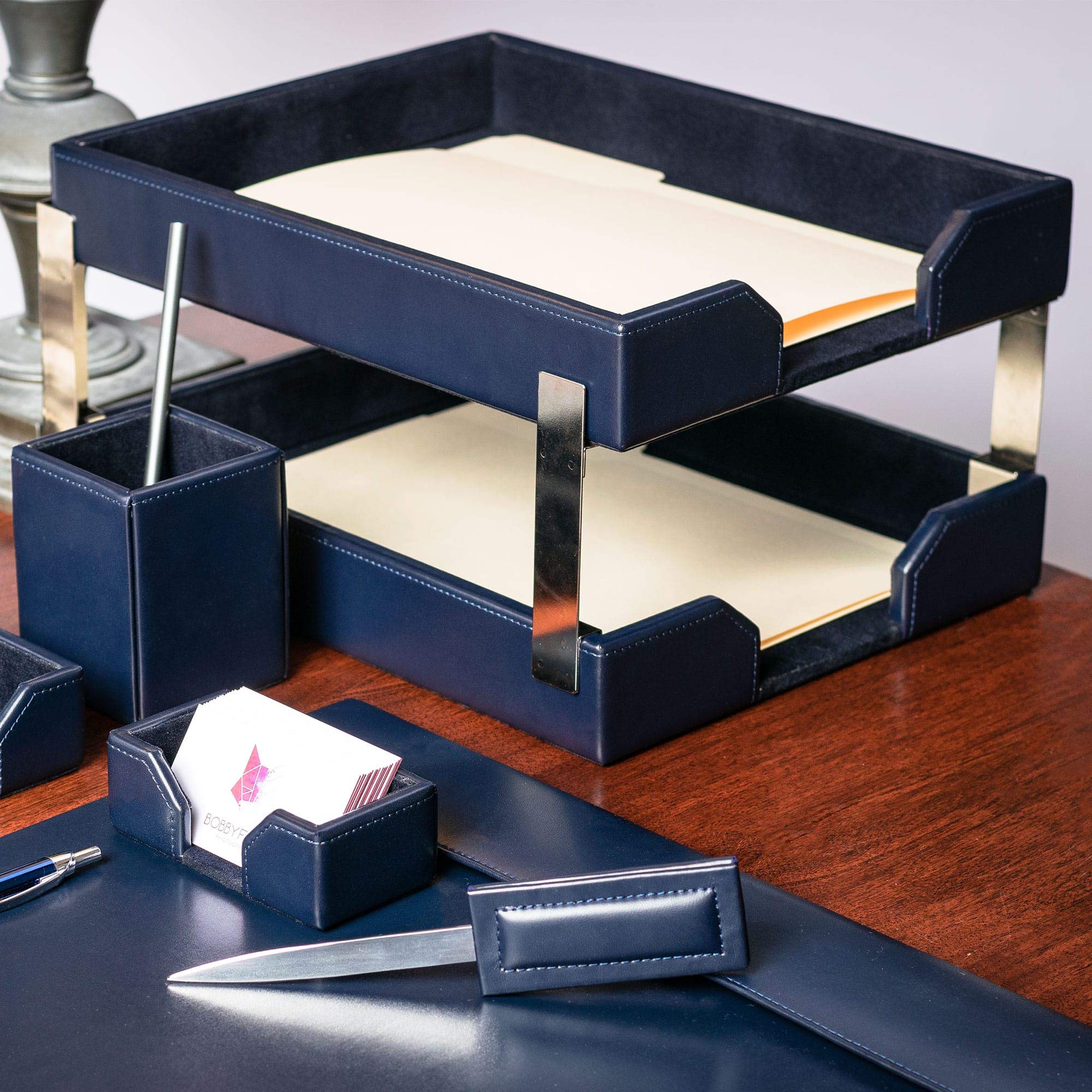 Dacasso Navy Blue Bonded Leather Double Letter Tray Organizer - Office Desk File Holder for Documents, Mail, and Papers - Perfect for Home, Office, or Workspace Organization