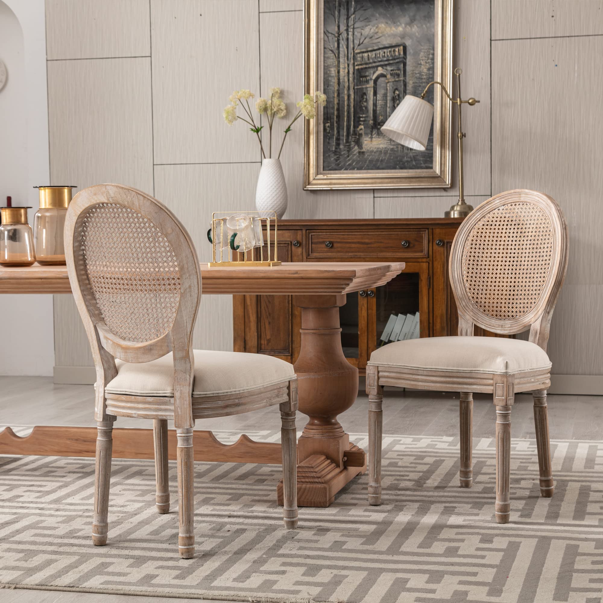 French Rattan Back Dining Chairs Set of 2 - Upholstered Kitchen Chairs with Rubber Legs for Dining Room, Kitchen, or Breakfast Nook