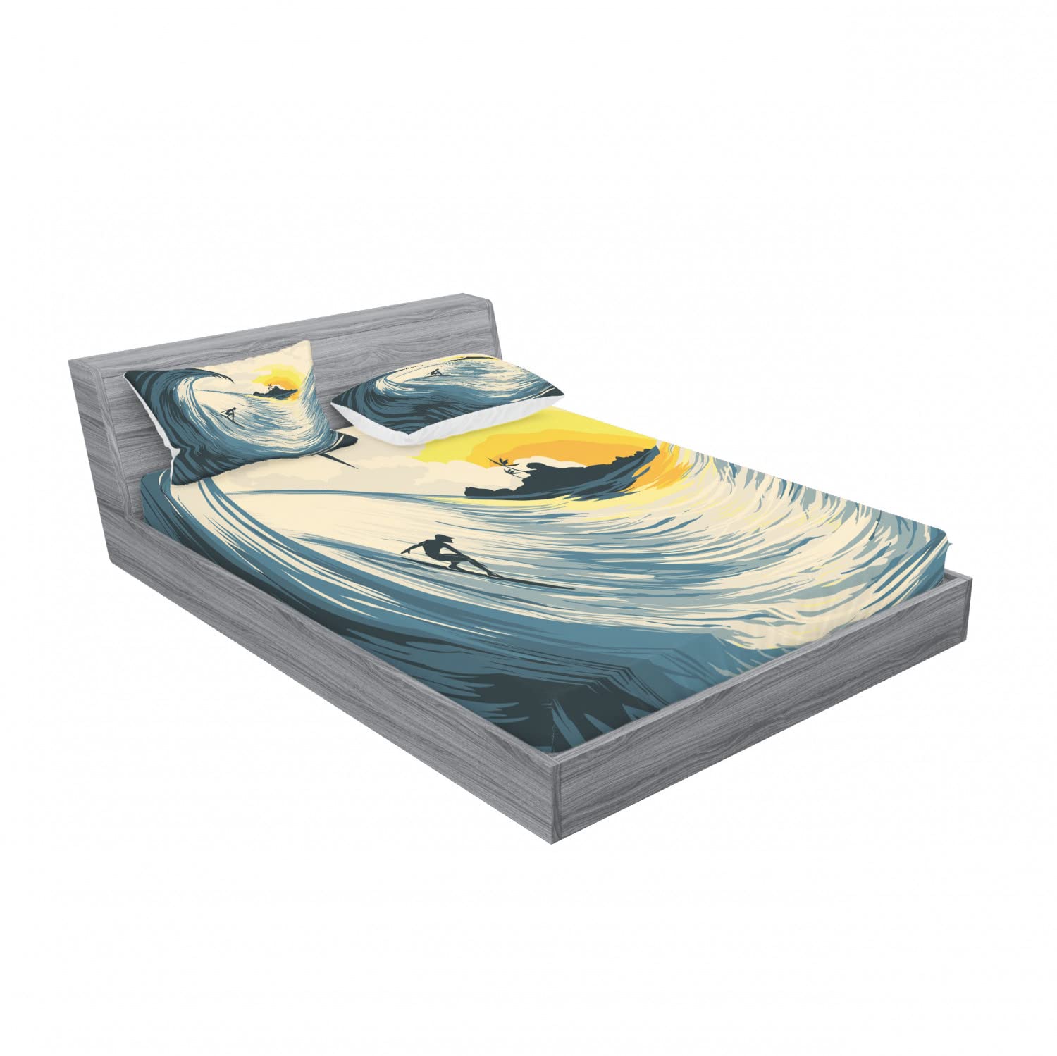 Ambesonne 2-Pack Ocean Themed Full Size Fitted Sheet Set with 4 Pillow Shams - Tropical Island Cloud Pattern Bedding in Beige Yellow Navy - Perfect for Beach House Decor & Coastal Themed Bedrooms