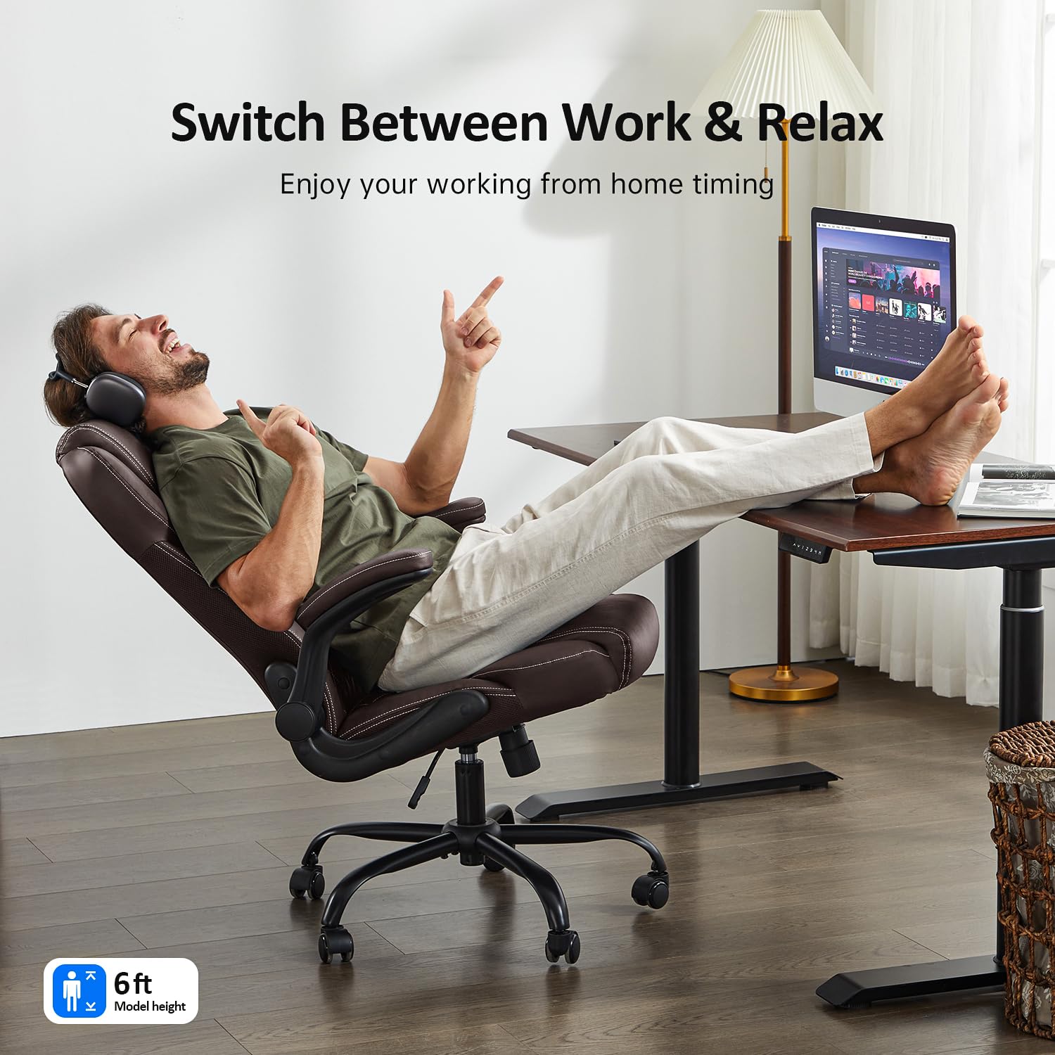 Premium Ergonomic Office Chair - Executive Leather Desk Chair with Adjustable Flip-Up Arms, Lumbar Support & Swivel Rocking Function - Perfect for Home Office, Computer Work & Gaming (Brown)