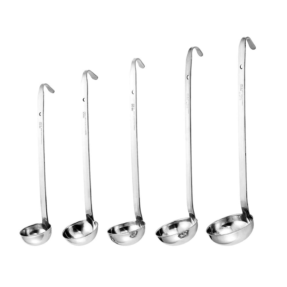 Odowalker 5-Piece Stainless Steel Soup Ladle Set with Hooked Handle & Pouring Rim - 1oz, 2oz, 4oz, 6oz, 8oz Long Handle Kitchen Ladles for Cooking, Serving Soup, Sauce, Gravy & Stews - Perfect for Home Chefs & Restaurants