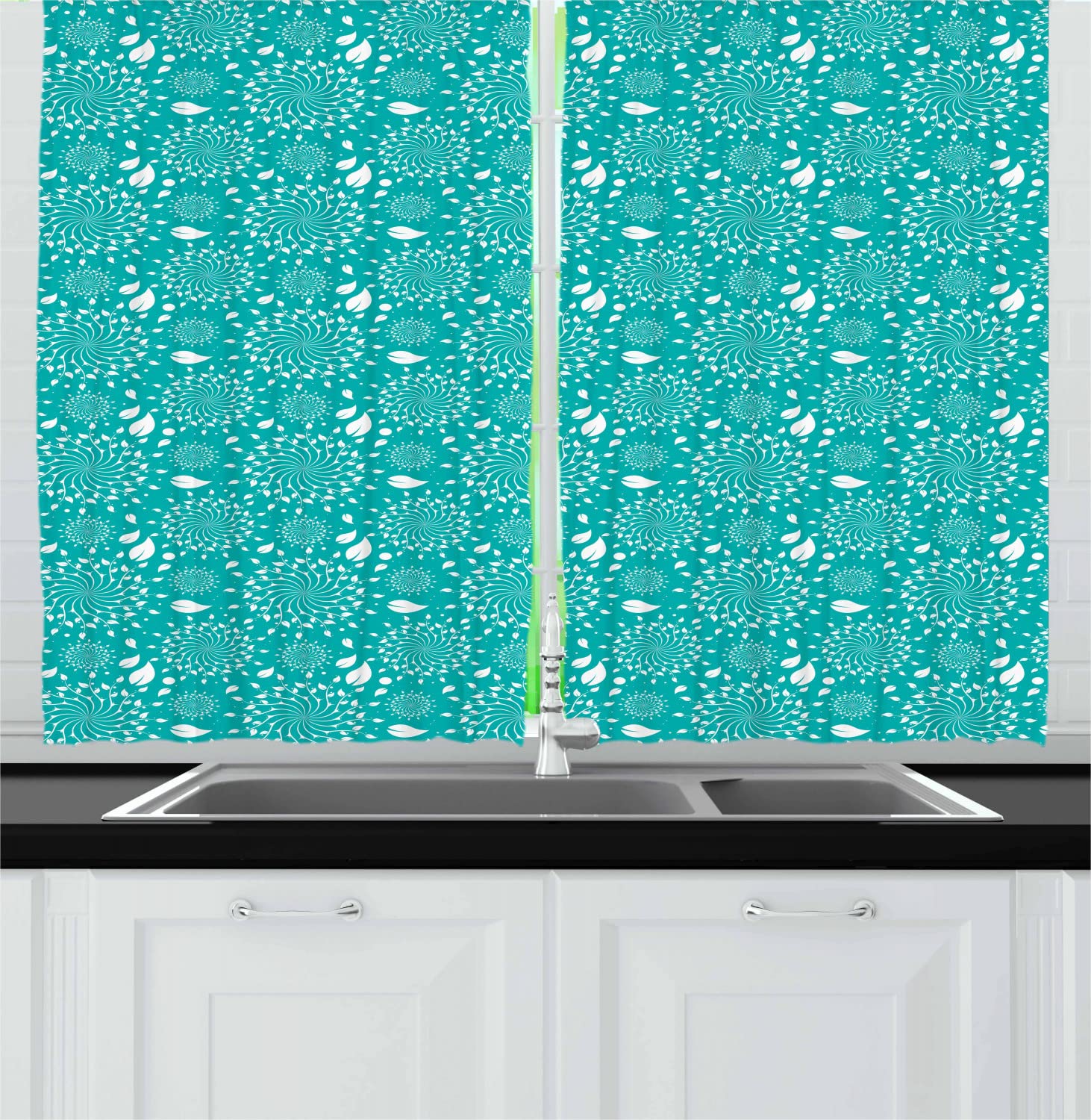 Ambesonne Vintage Turquoise Long Kitchen Curtains - Nature Inspired Swirls Vortex Leaves Pattern with Rod Pocket, 55