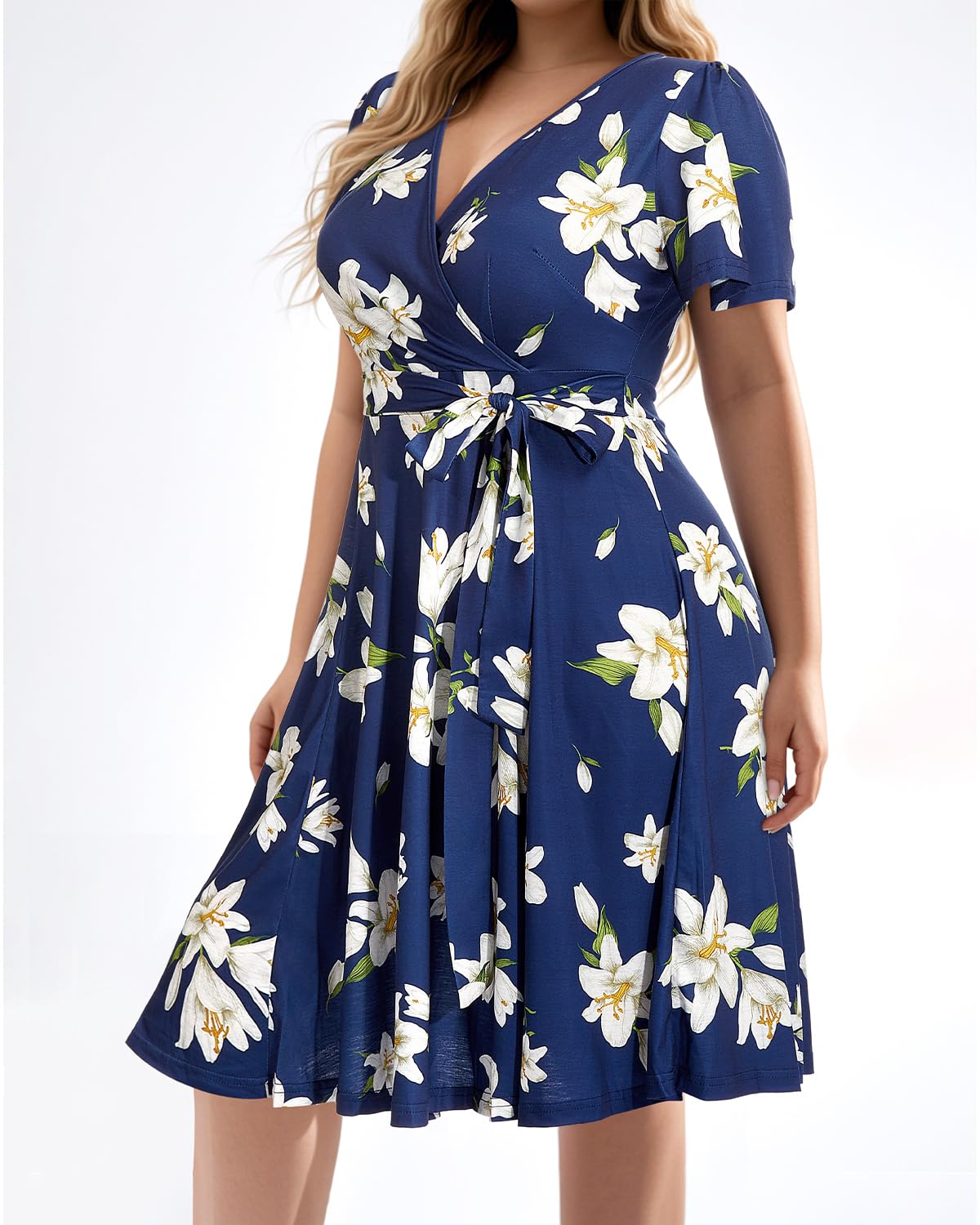 Plus Size Pinup Fashion Women's Cocktail Dress - Semi Formal Wrap Empire Waist Midi Dress for Wedding Guest & Special Occasions