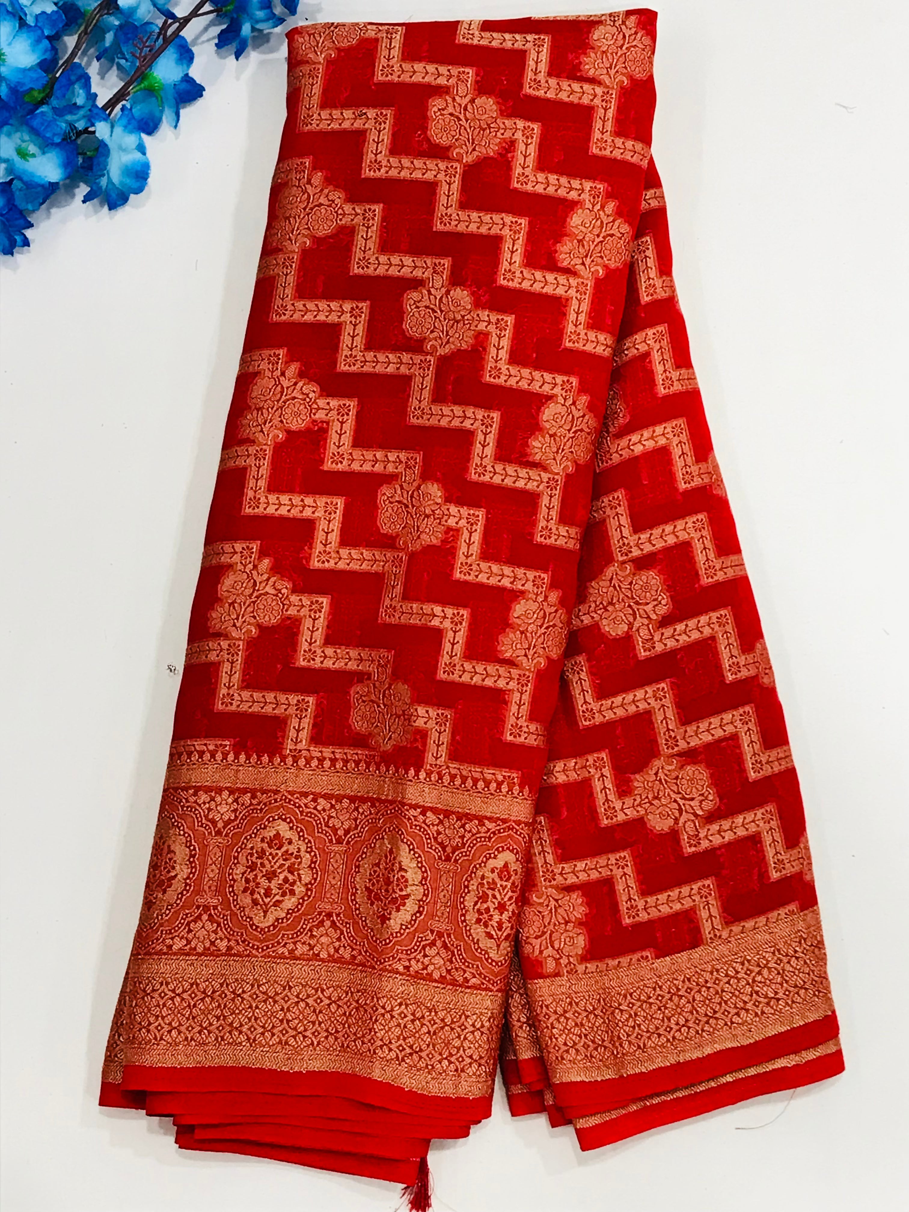 Elegant Red Georgette Designer Saree with Floral Motifs & Fancy Tassels - Perfect for Weddings, Parties & Special Occasions