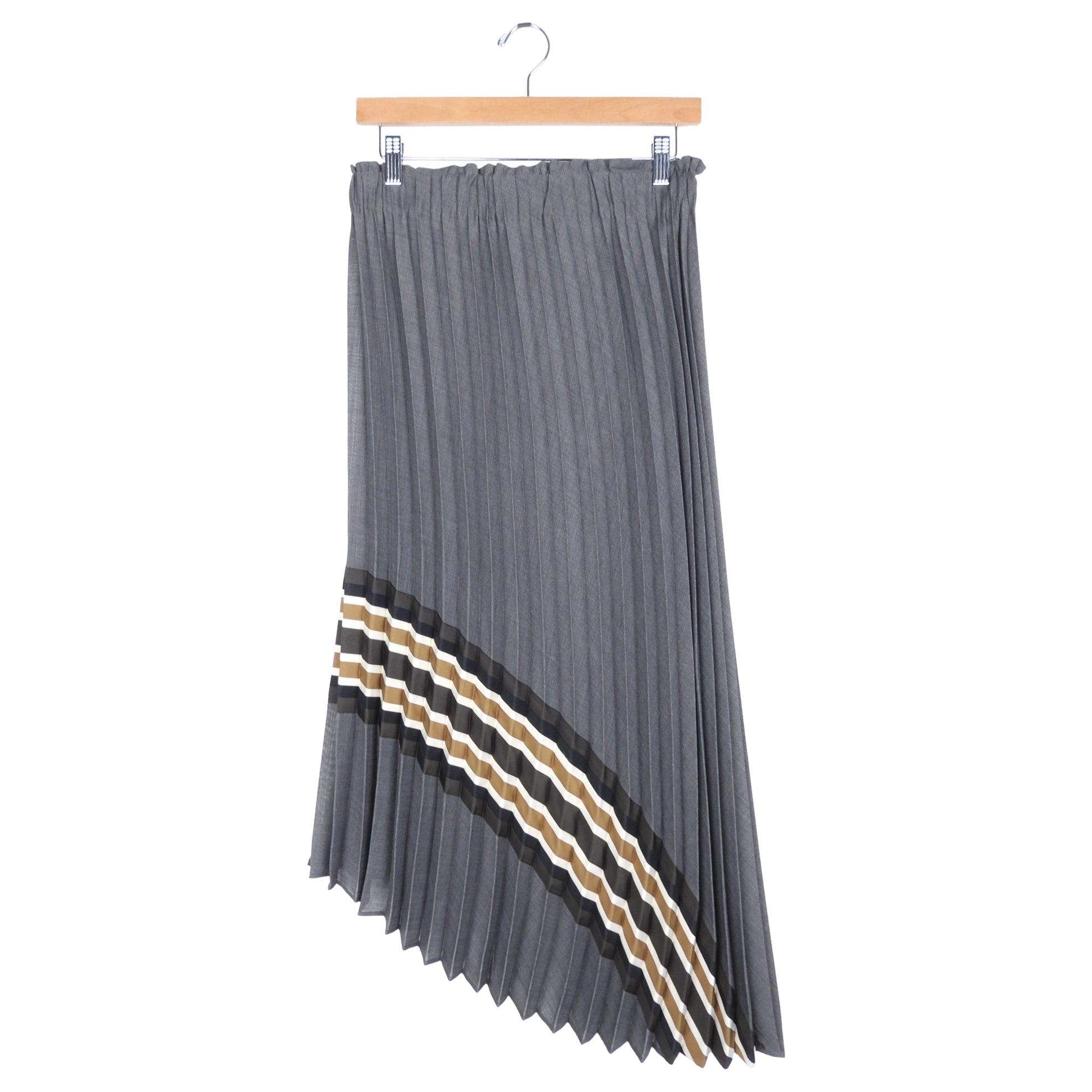 Brunello Cucinelli Grey Wool Blend Asymmetrical Striped Knife Pleat Midi Skirt - Women's Size IT40 / US 4 - Elegant Office Wear & Cocktail Party Outfit