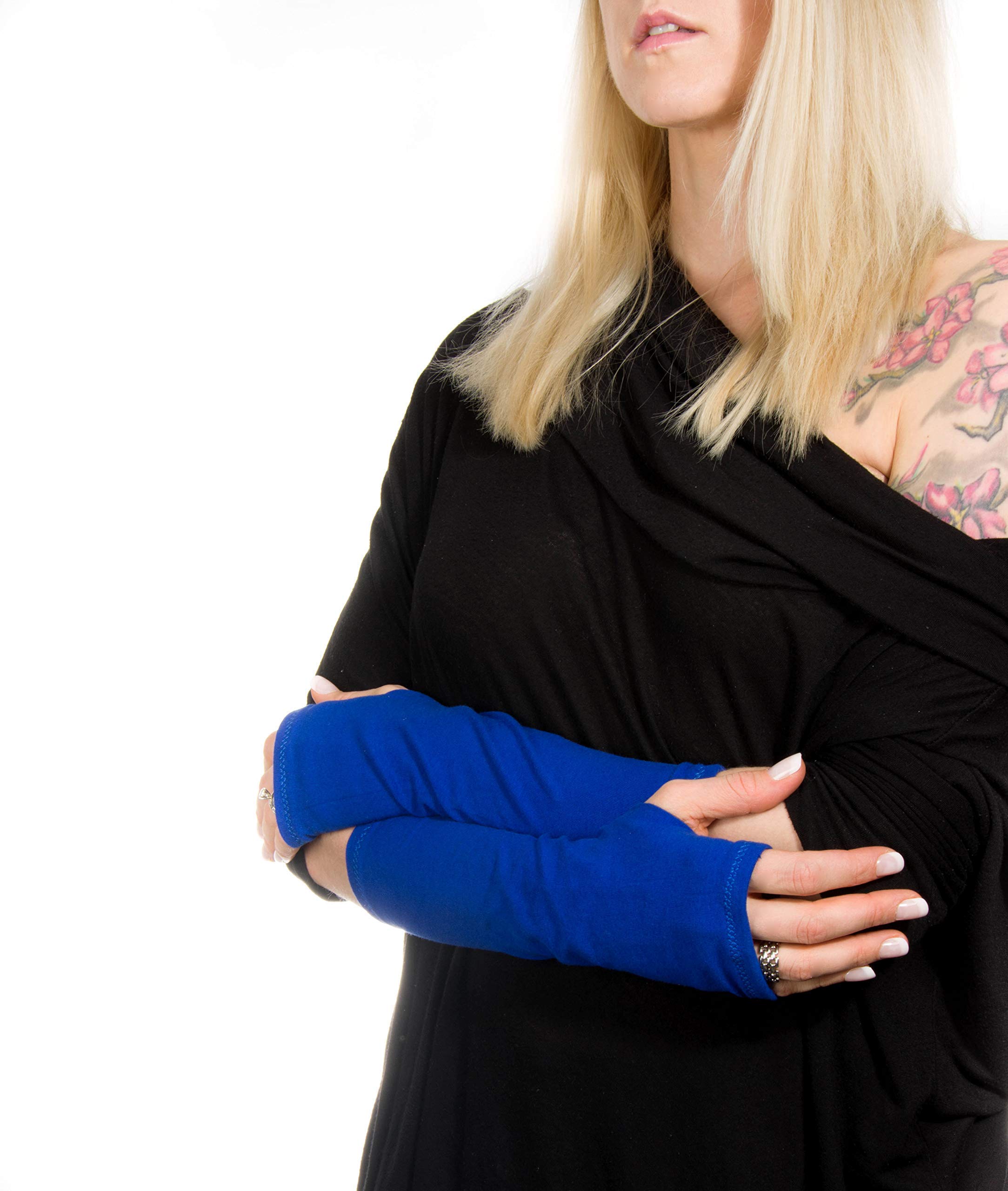 Royal Blue Cotton Long Jersey Fingerless Gloves - Warm & Stretchy for Typing, Driving & Outdoor Activities - Unisex Winter Hand Warmers