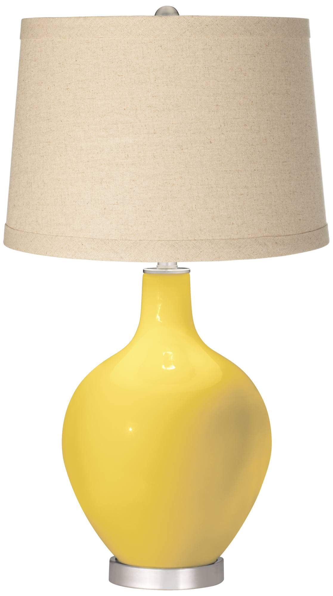 Color + Plus Lemon Zest Burlap Drum Shade OVO Table Lamp - Modern Farmhouse Lighting for Bedroom, Living Room & Office Decor