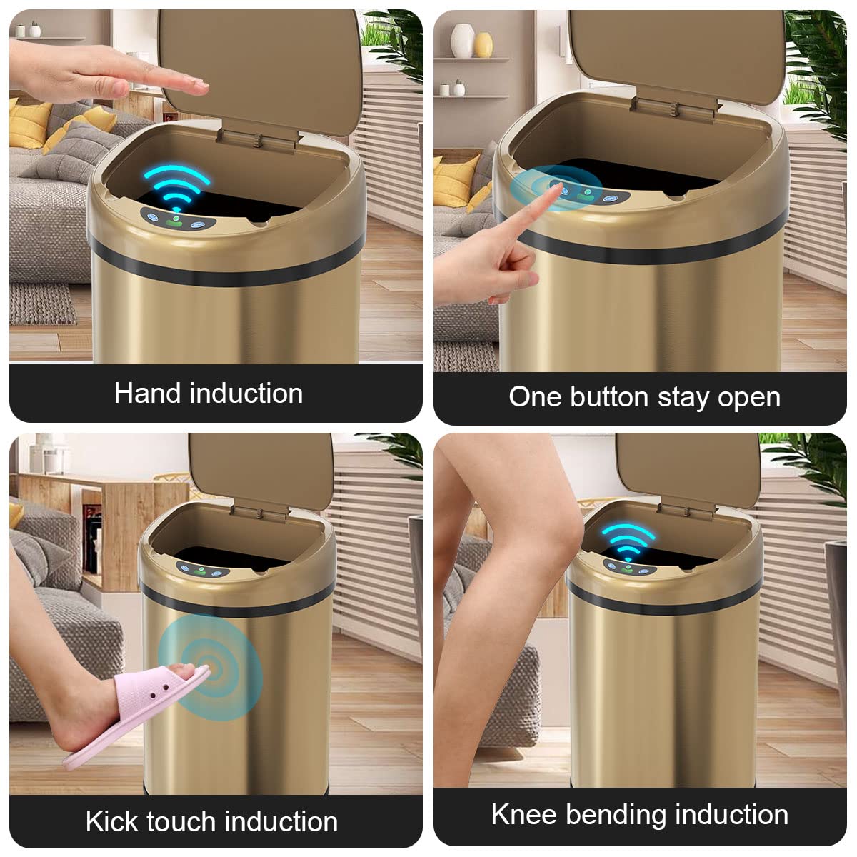 Smart Trash Can 3.5 Gallon Automatic Sealing Stainless Steel Garbage Bin - Touchless Sensor Trash Can with Odor Control for Kitchen, Bathroom, Office - Hands-Free Waste Disposal Solution (Champagne Gold)