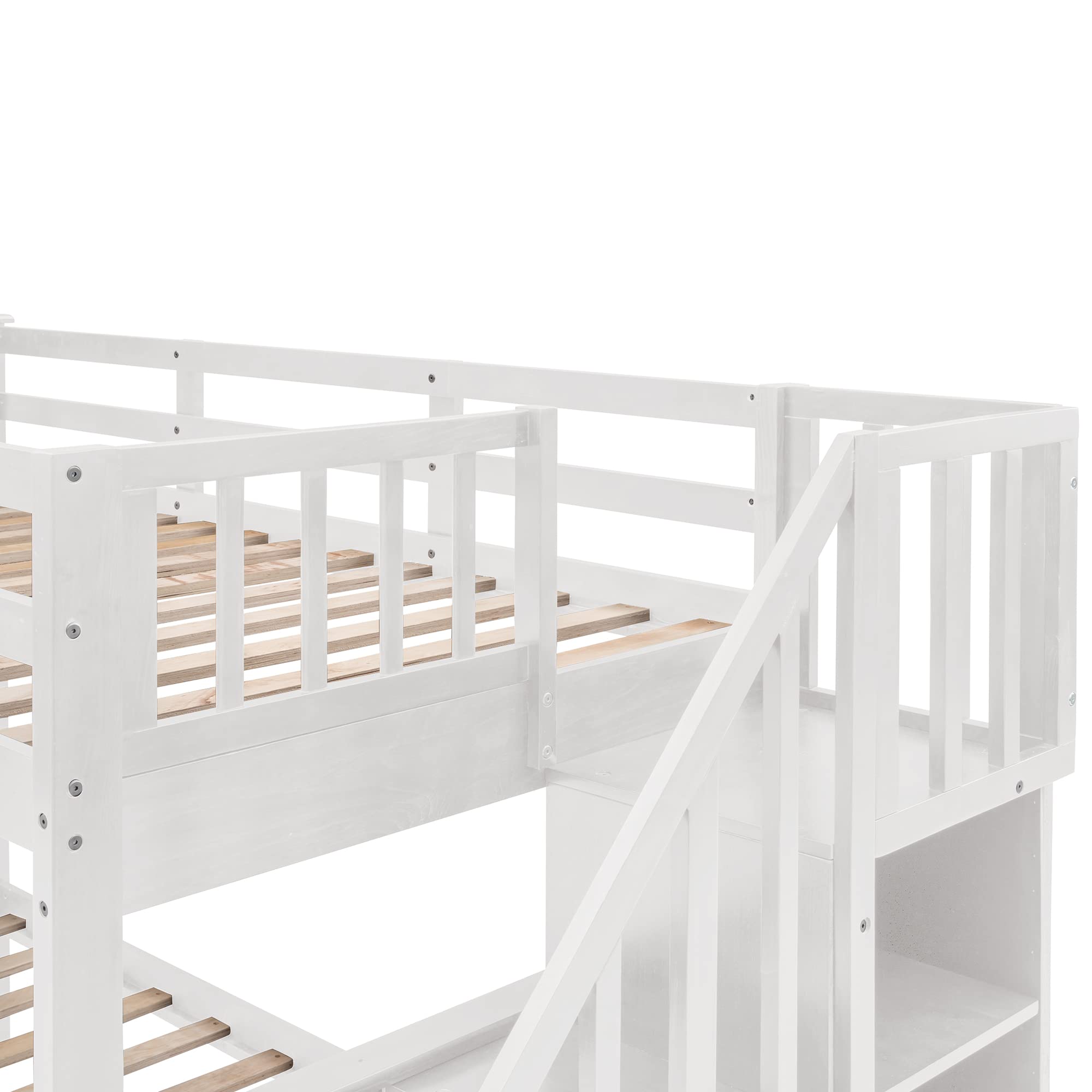 MERITLINE Twin Over Full Bunk Bed with Stairs - Solid Wood Bunk Bed Frame with Storage Drawers & Shelves, No Box Spring Required - White - Perfect for Kids' Bedrooms, Guest Rooms & Small Spaces