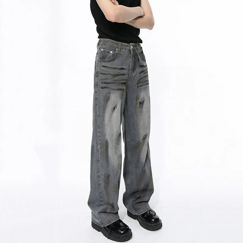 Vintage American Style Men's Denim Jeans - Distressed Washed Straight Leg Pants with Contrast Paint Design for Fall 2024 | Casual Wear, Street Style, Everyday Outfits
