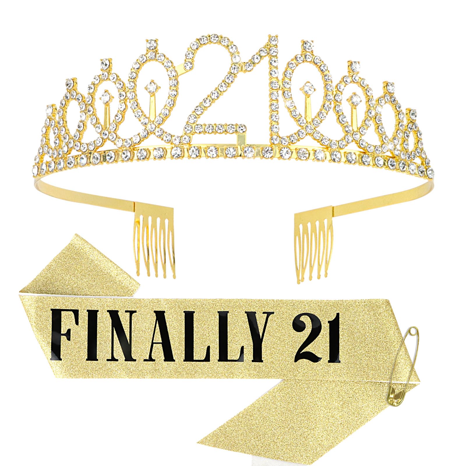 21st Birthday Crown and Sash Set for Women - Gold Rhinestone Tiara & Satin Sash - 21st Birthday Party Decorations & Gifts for Girls - Perfect for Birthday Photos, Celebrations & Milestone Parties