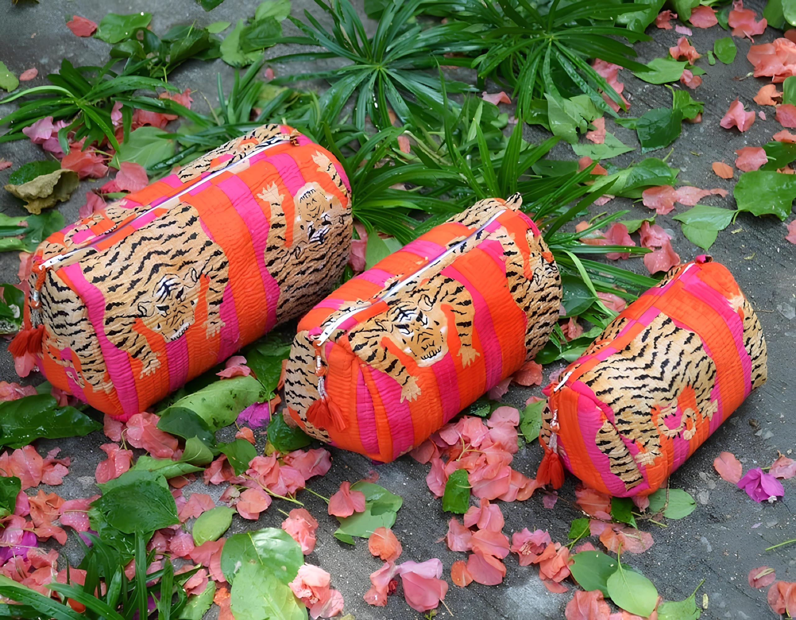 INDACORIFY Tiger Print Makeup Bag Set of 3 - Indian Cotton Toiletry Pouch, Quilted Cosmetic Travel Bag & Wash Bag for Women | Perfect for Travel, Gym, and Daily Organization
