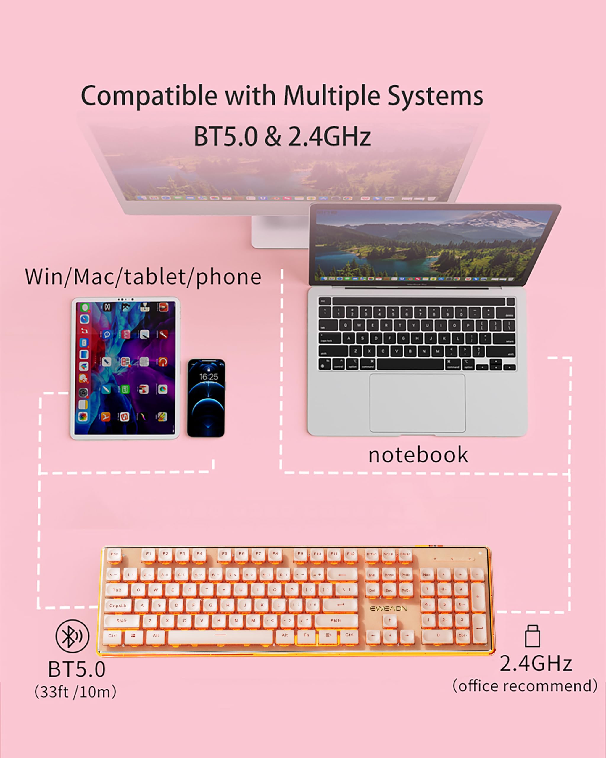 EWEADN V3 Wireless Keyboard and Mouse Combo - Bluetooth/2.4G Rechargeable, Silent Backlit Keyboard with Metal Panel, Full Size Cute Rose Pink Design for Office, Gaming & Home Use