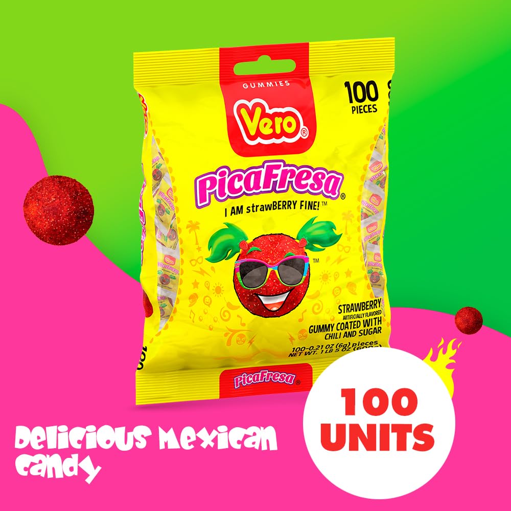 Vero PicaFresa Strawberry Gummy Candy - 100 Individually Wrapped Chewy Treats (1 LB, 5.15 oz Each) - Mexican Candy for Piñatas, Halloween, Parties & Snacking - Sweet & Tangy Flavor Perfect for Sharing at Events