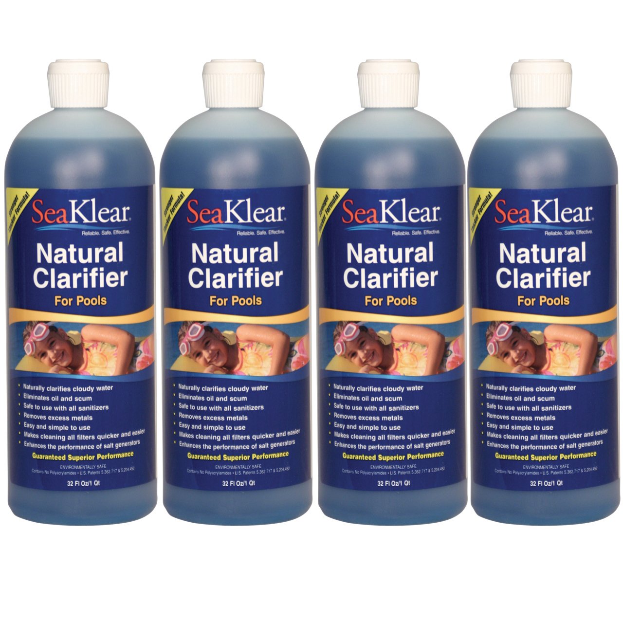 SeaKlear Natural Pool Water Clarifier - 4 Pack (1 Quart Each) for Crystal Clear Swimming Pool Maintenance | Improves Water Clarity & Reduces Cloudiness
