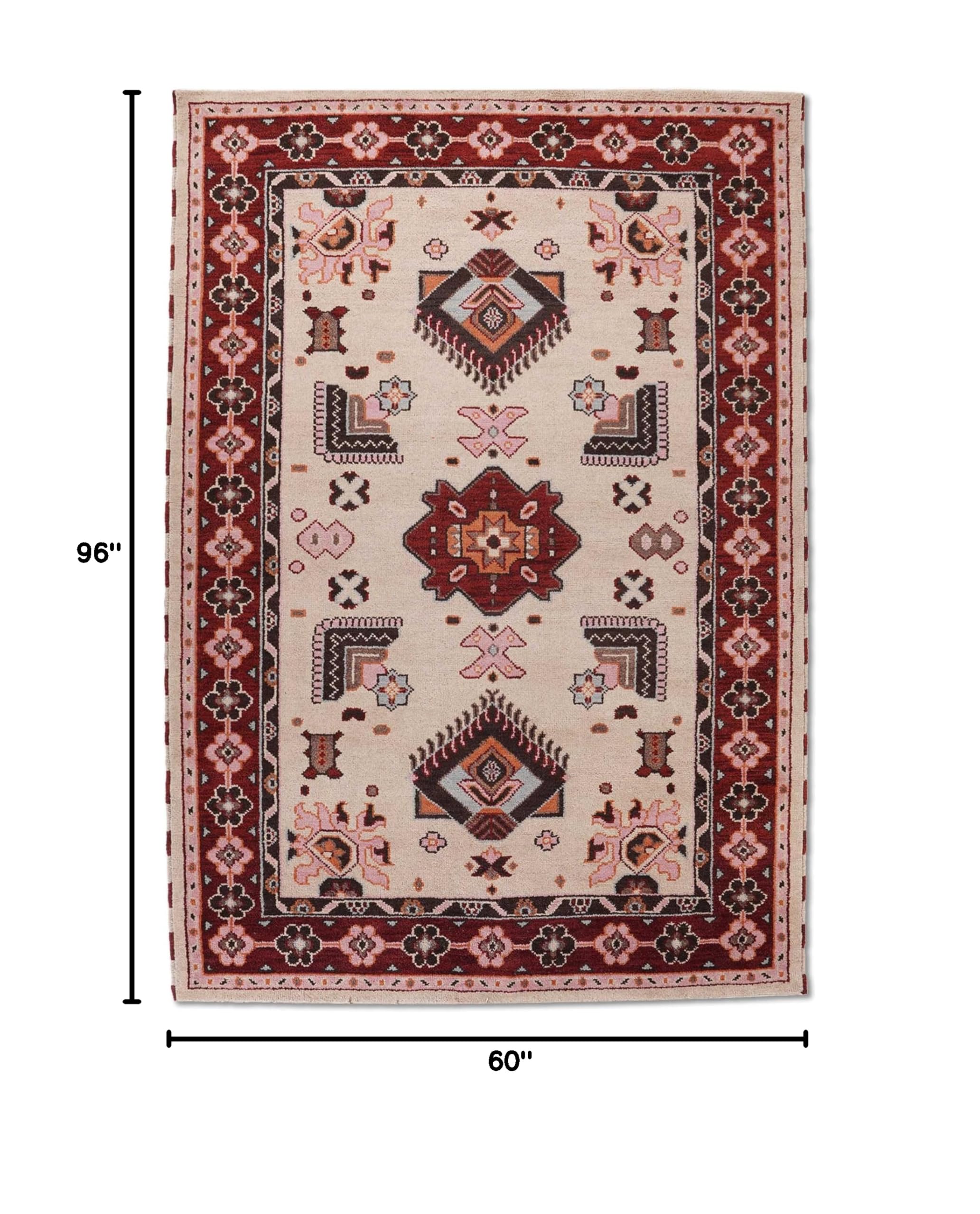 Hand Knotted Wool & Silk Eco-Friendly Oriental Area Rug 5'x8' Rectangle - Cream & Red Traditional Design, Medium Pile Handmade Rug (AF0121) for Living Room, Bedroom & Home Decor