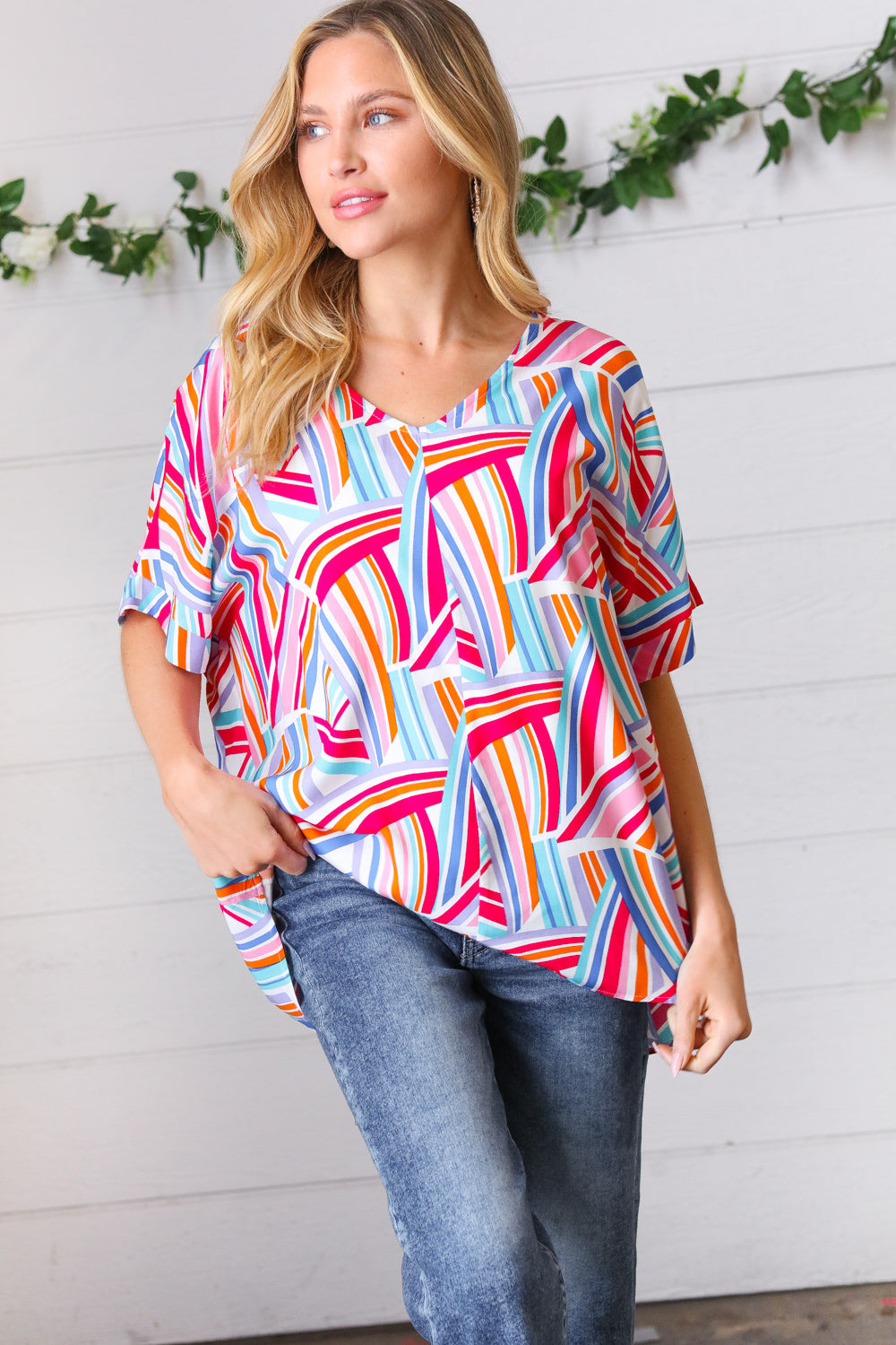 Stylish Blue & Fuchsia Geometric Print Woven Top for Women | Trendy Casual Blouse for Summer Outfits, Office Wear & Date Nights