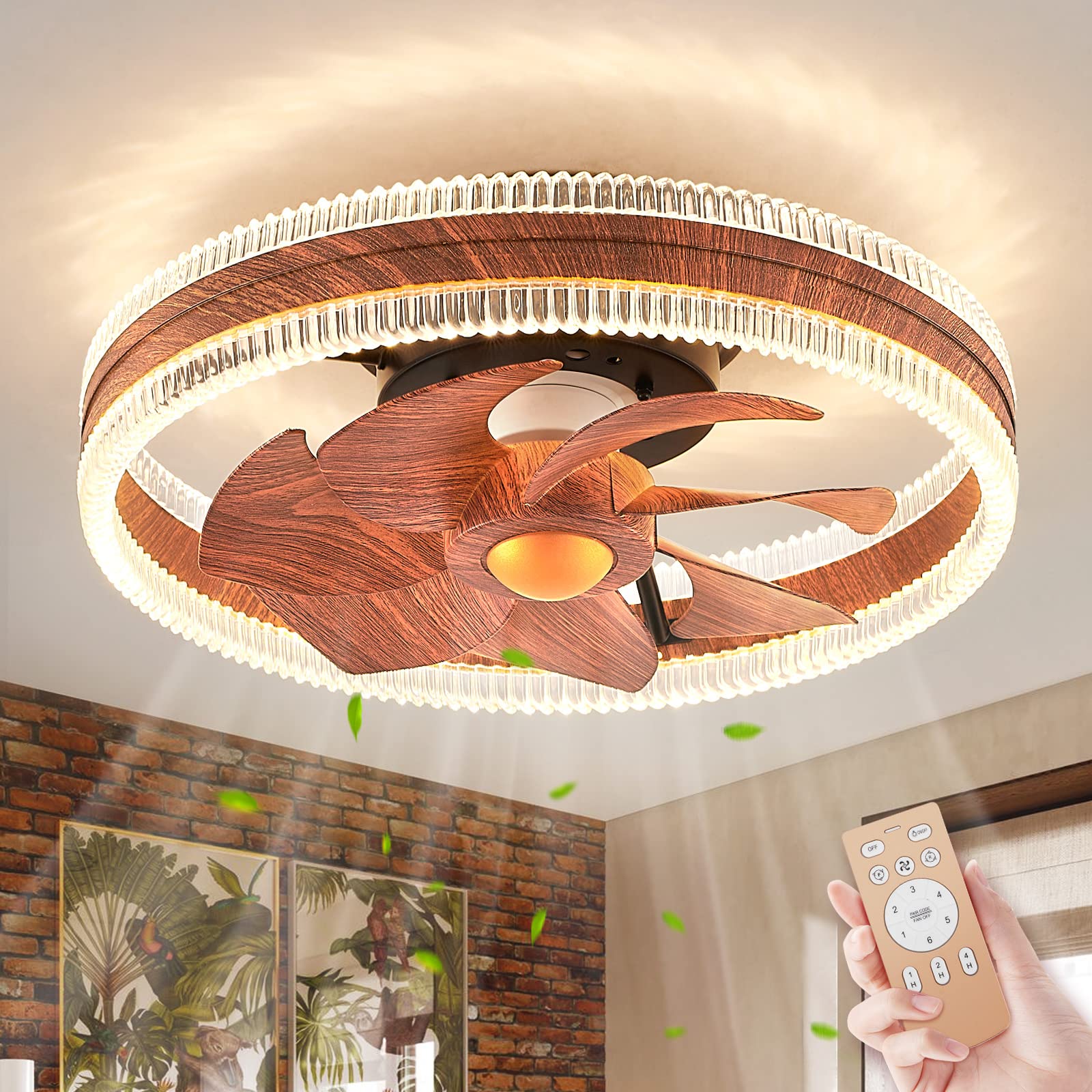 Low Profile Bladeless Ceiling Fan with Light & Remote - 6 Speed Adjustable Flush Mount Fan with 3 Color Temperatures - Perfect for Kitchen, Bedroom, Living Room & Office Spaces