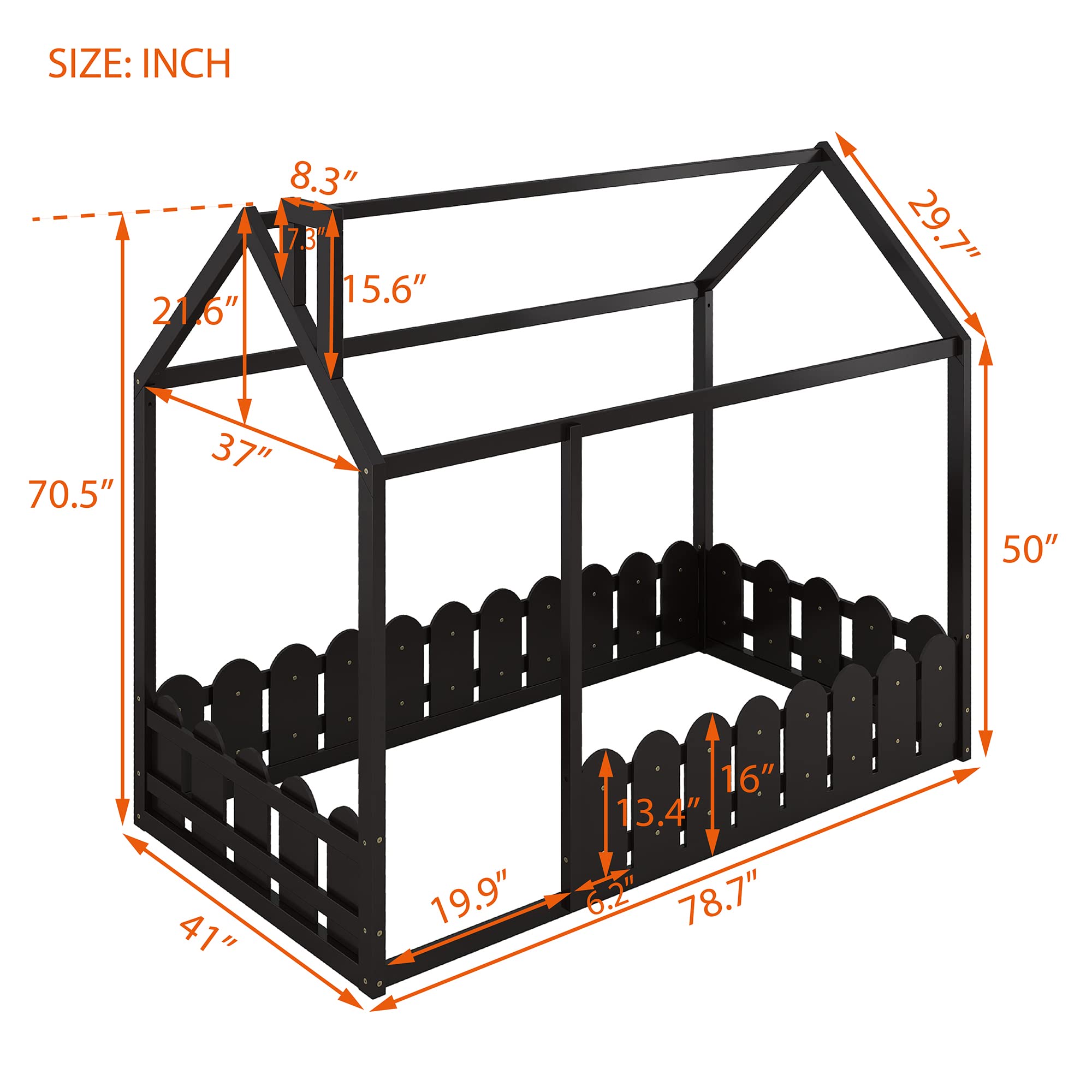 **Harper & Bright Designs Twin House Bed Frame with Roof & Fence - Espresso Wood Floor Bed for Toddlers, Kids & Teens - No Box Spring Needed - Perfect for Bedrooms, Playrooms & Montessori Spaces**