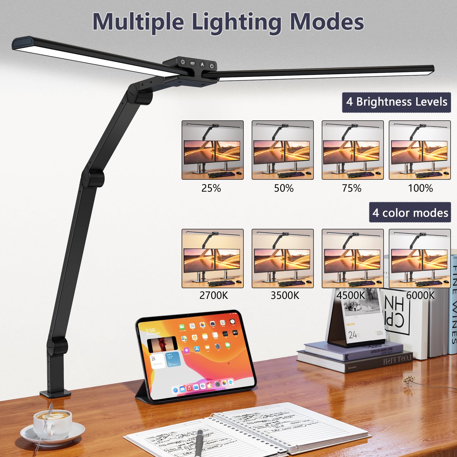 KableRika Dual Head LED Desk Lamp with Clamp - 24W Ultra Bright Architect Table Lamp, 4 Brightness Levels & 4 Color Temperatures, Auto Dimming Task Light for Home Office, Monitor Work, Study and Reading