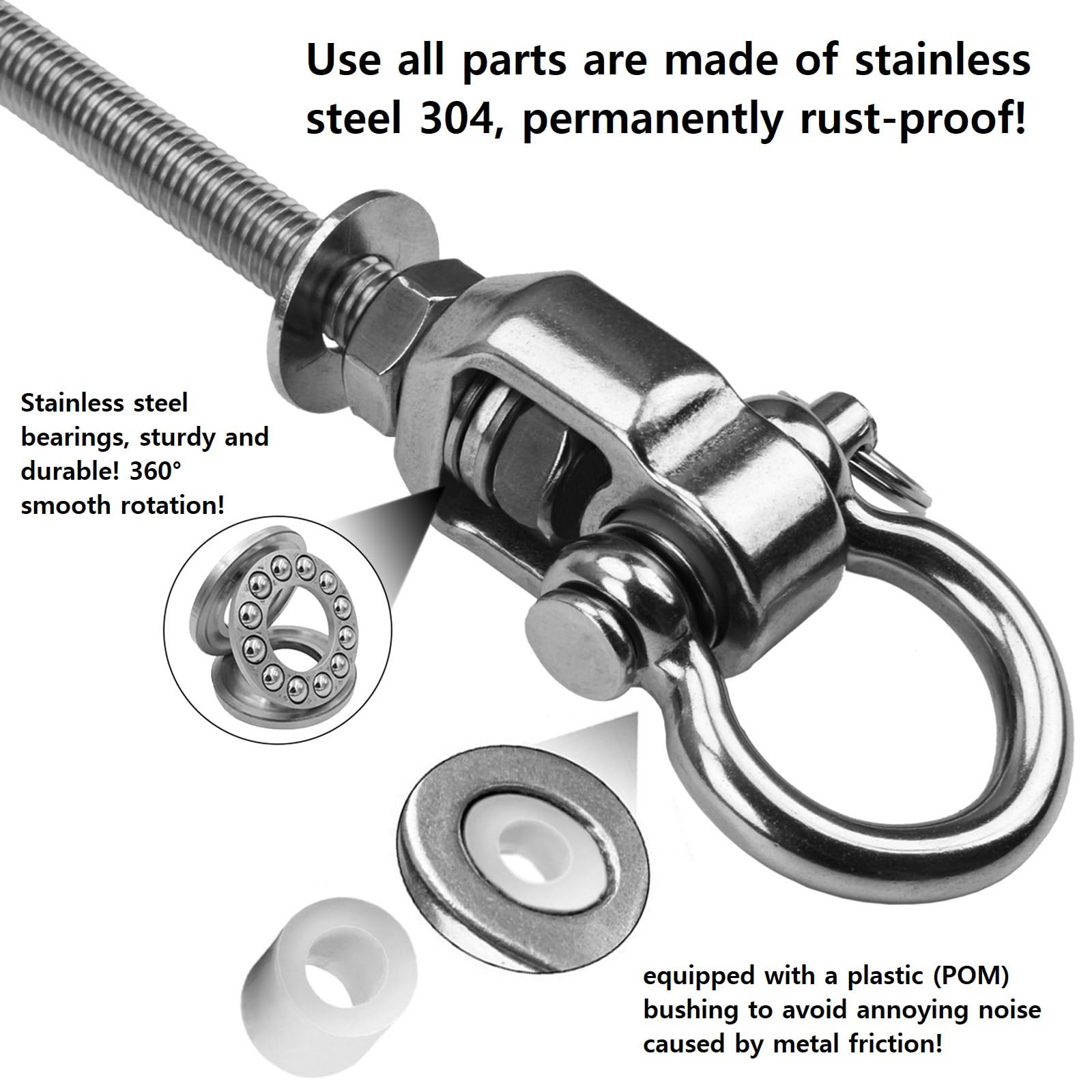 2 Heavy Duty Stainless Steel Swing Hangers with Bearings - Quiet & Smooth Swivel Hooks for Wood/Steel Beams - 1500 LB Capacity - Perfect for Hammocks, Yoga Swings, Porch Swings & Sandbags - Indoor/Outdoor Use for Backyard, Gym & Patio