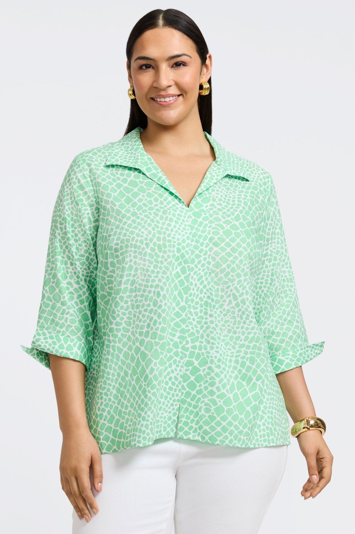 Agnes Plus Linen Giraffe Print 3/4 Sleeve Popover Shirt for Women - Casual Summer Top for Beach, Vacation & Everyday Wear