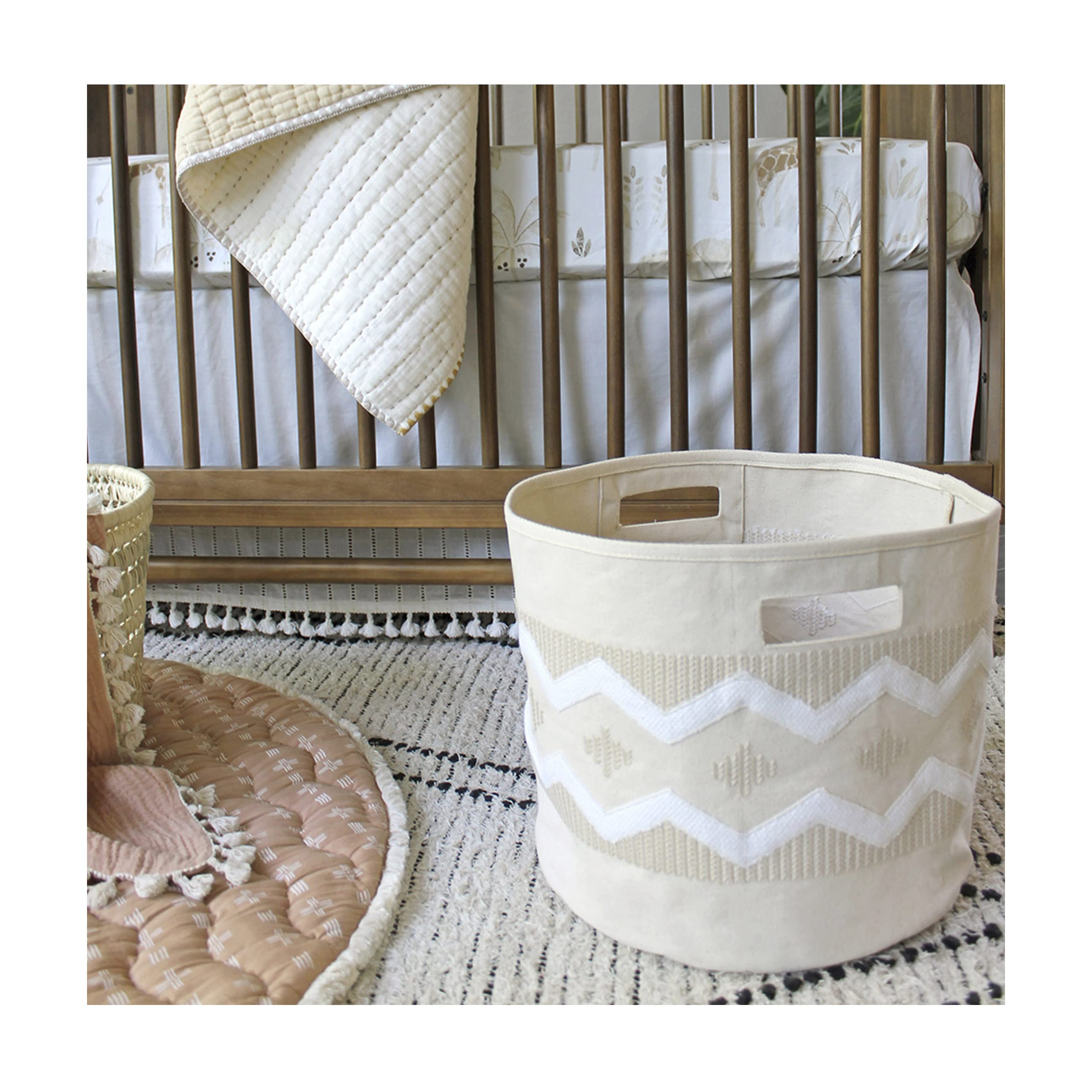 Boho Beige Baby Storage Basket - 13x12 Inch Round Fabric Toy Organizer for Nursery, Playroom & Kids Room | Perfect for Storing Toys, Blankets & Baby Essentials