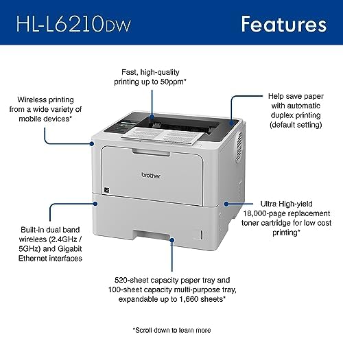 Brother HL-L6210DW Wireless Monochrome Laser Printer for Office | High-Speed Duplex Printing, Large 500-Sheet Paper Capacity | Ideal for Small Business & Home Office Document Printing