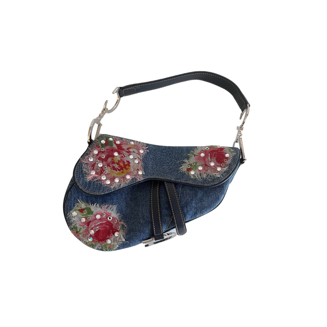 Vintage Dior Floral Embroidery Rhinestone Denim Saddle Bag - Luxury Designer Crossbody Purse for Women, Perfect for Parties & Date Nights