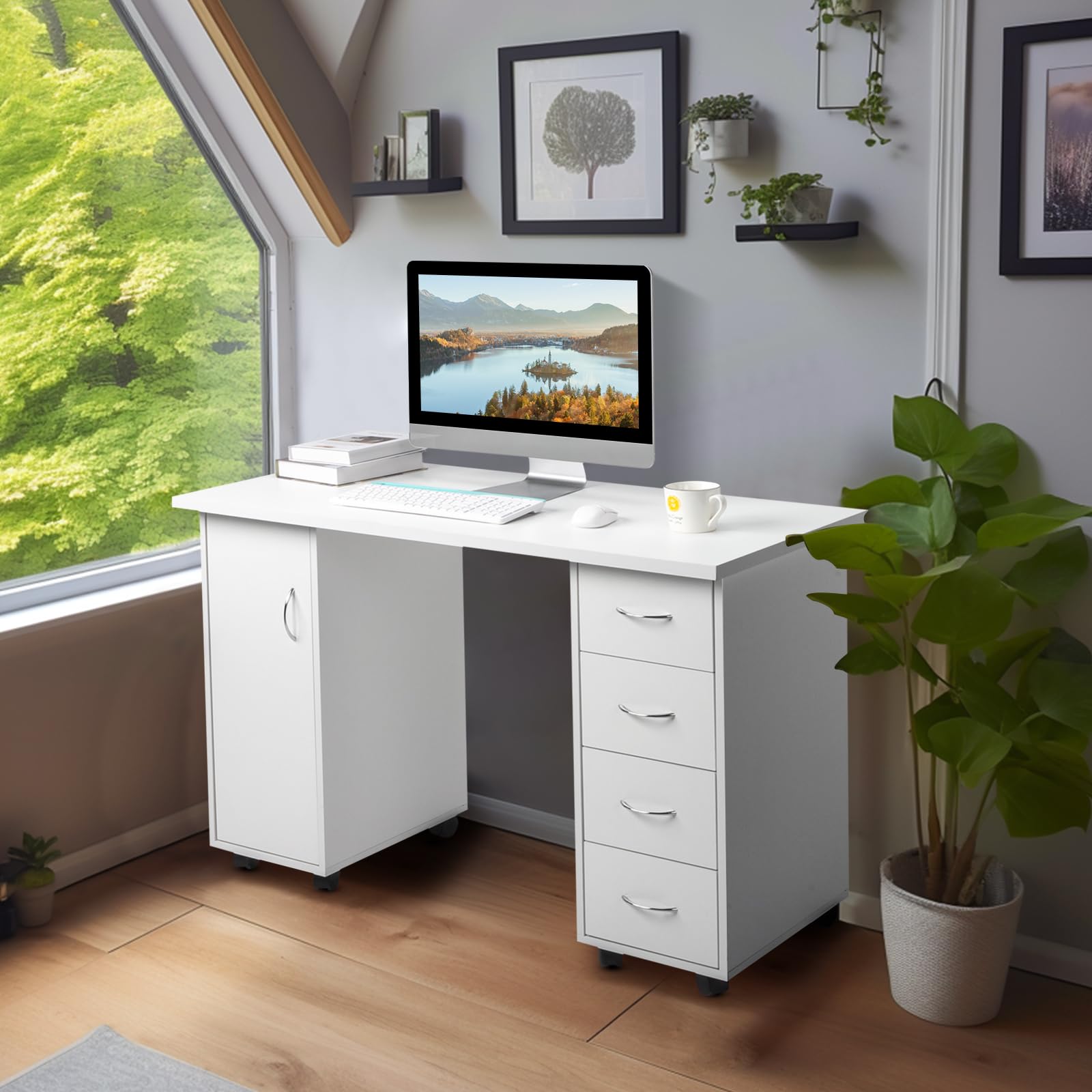 Lockable Wheels Computer Desk with Wrist Pad | 4-Drawer Study Desk with Side Cabinet for Office, Bedroom & Reading Room | White Ergonomic Workstation for Home Office, Gaming & Manicure Use
