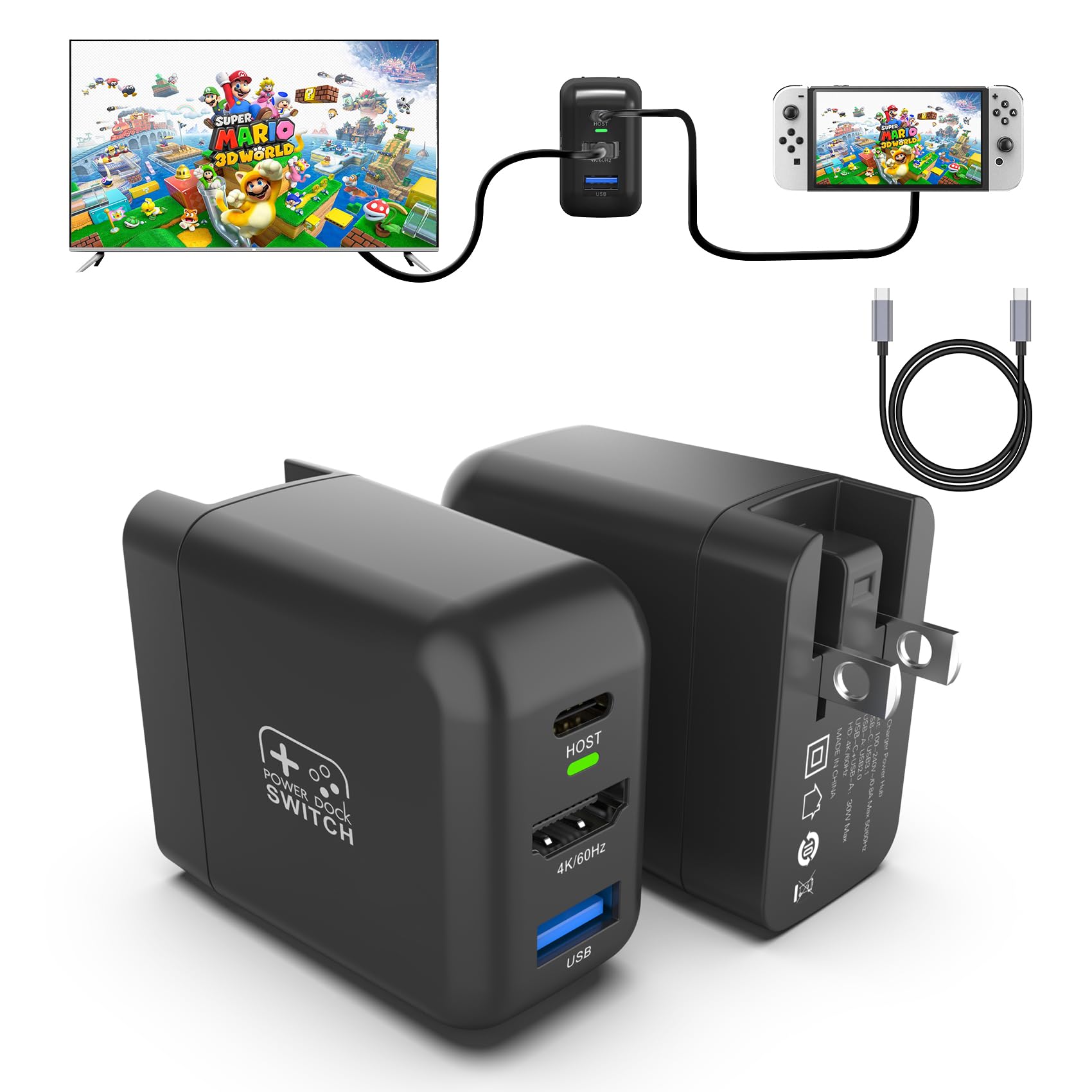 Mirabox 30W Portable TV Docking Station for Nintendo Switch - 4K@60Hz HDMI, USB 2.0, PD USB-C Fast Charging Ports - Includes Full-Featured USB-C to USB-C Cable - Perfect for Gaming at Home or Travel