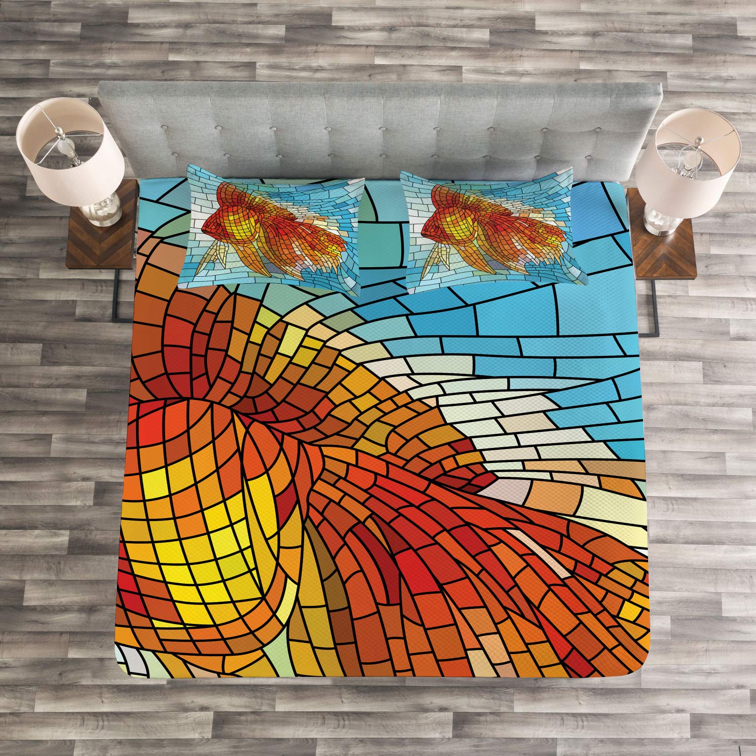 Ambesonne King Size Fish Bedspread Set - Stained Glass Mosaic Art Design with Orange & Blue Tones, 3-Piece Quilted Coverlet & 2 Pillow Shams - Perfect for Coastal, Nautical or Modern Bedroom Decor