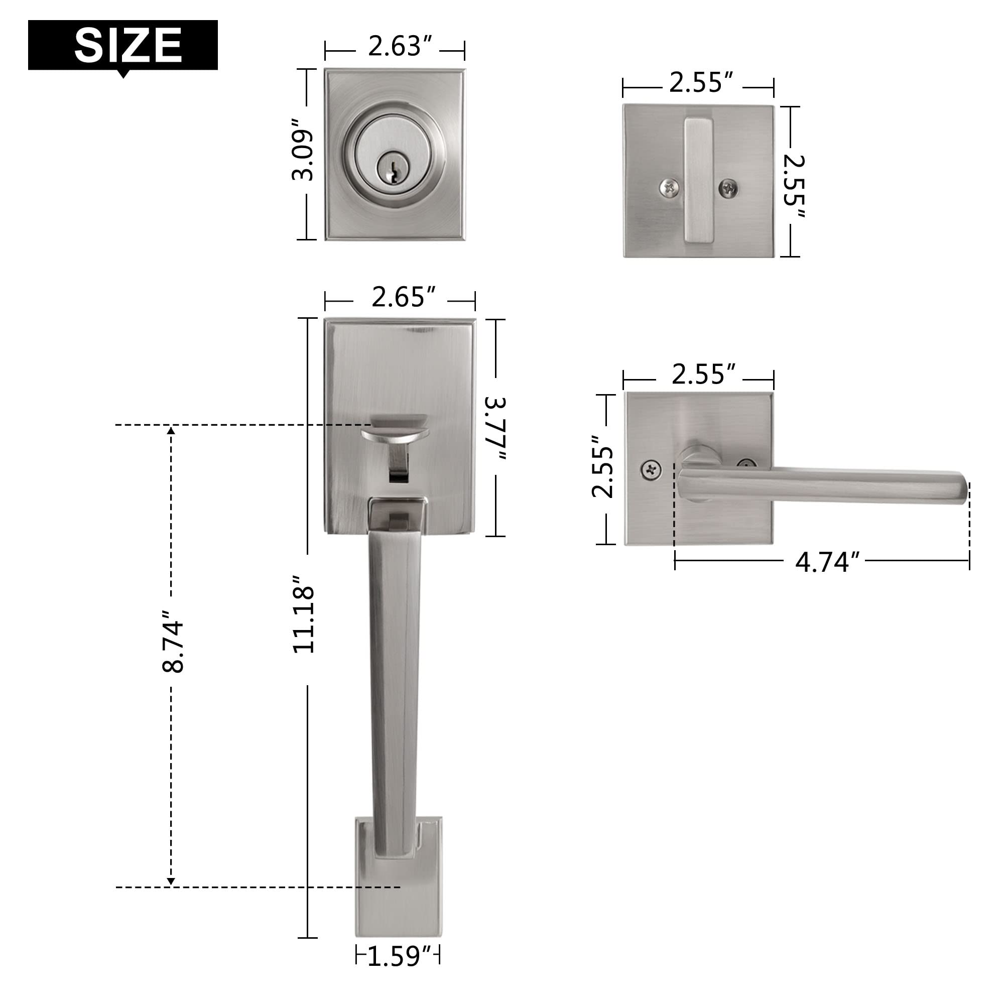 KIAYACI Front Door Lock Set - Satin Nickel Single Cylinder Deadbolt Entry Door Handle with Straight Lower Half Grip - Secure Home, Office & Apartment Entry Doors